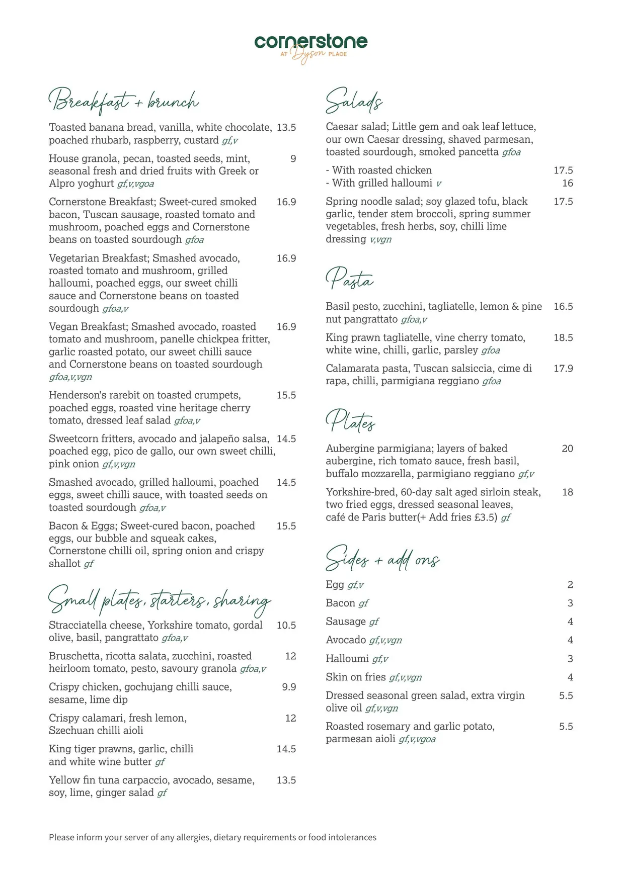 Cornerstone menu, page 1