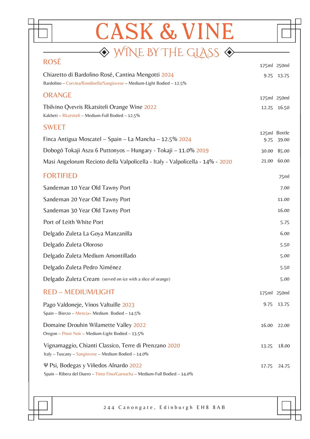 Cask & Vine menu, page 9