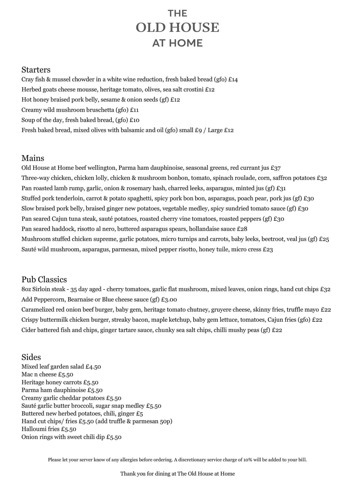 The Old House at Home menu, page 2