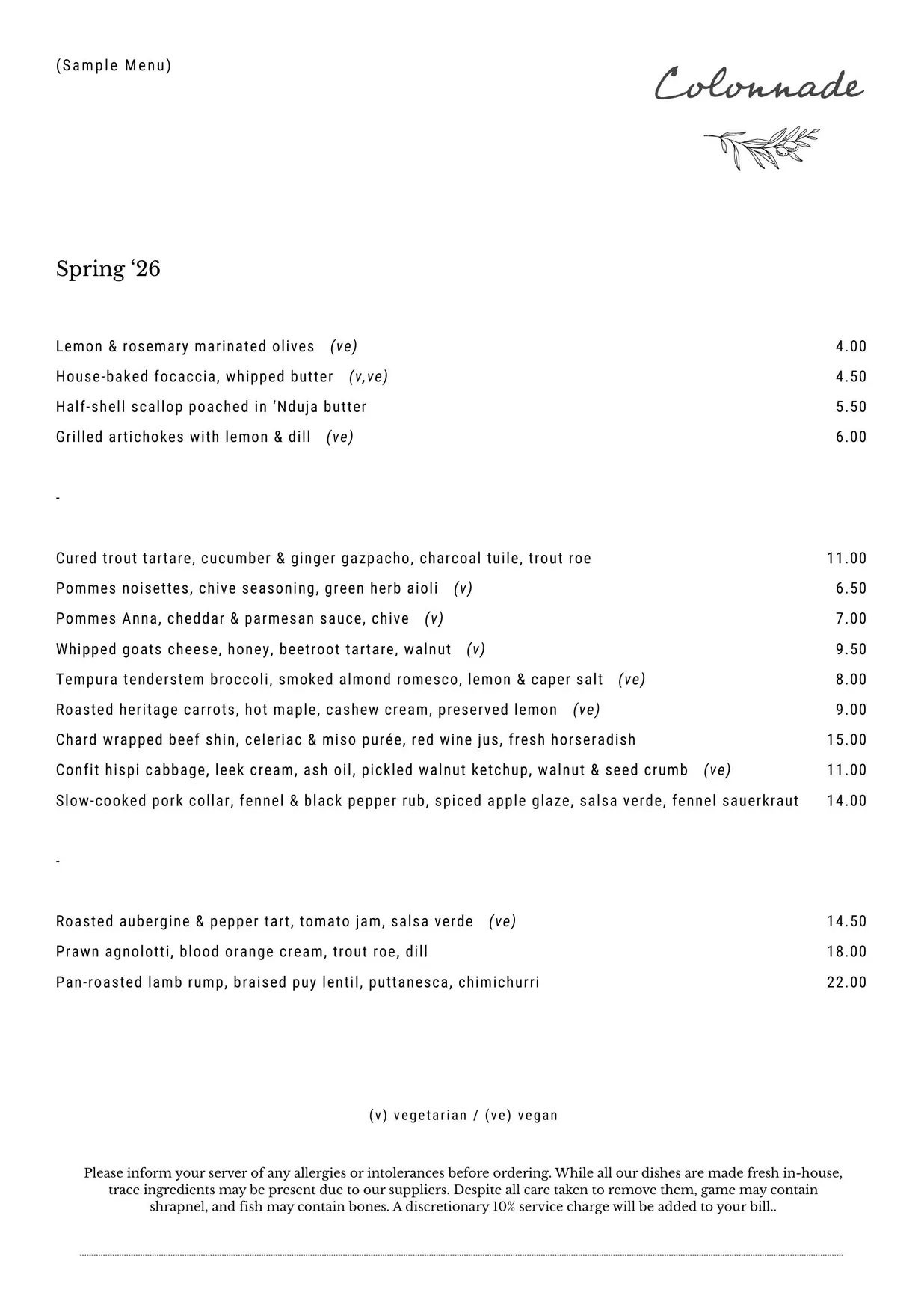 Colonnade menu, page 2