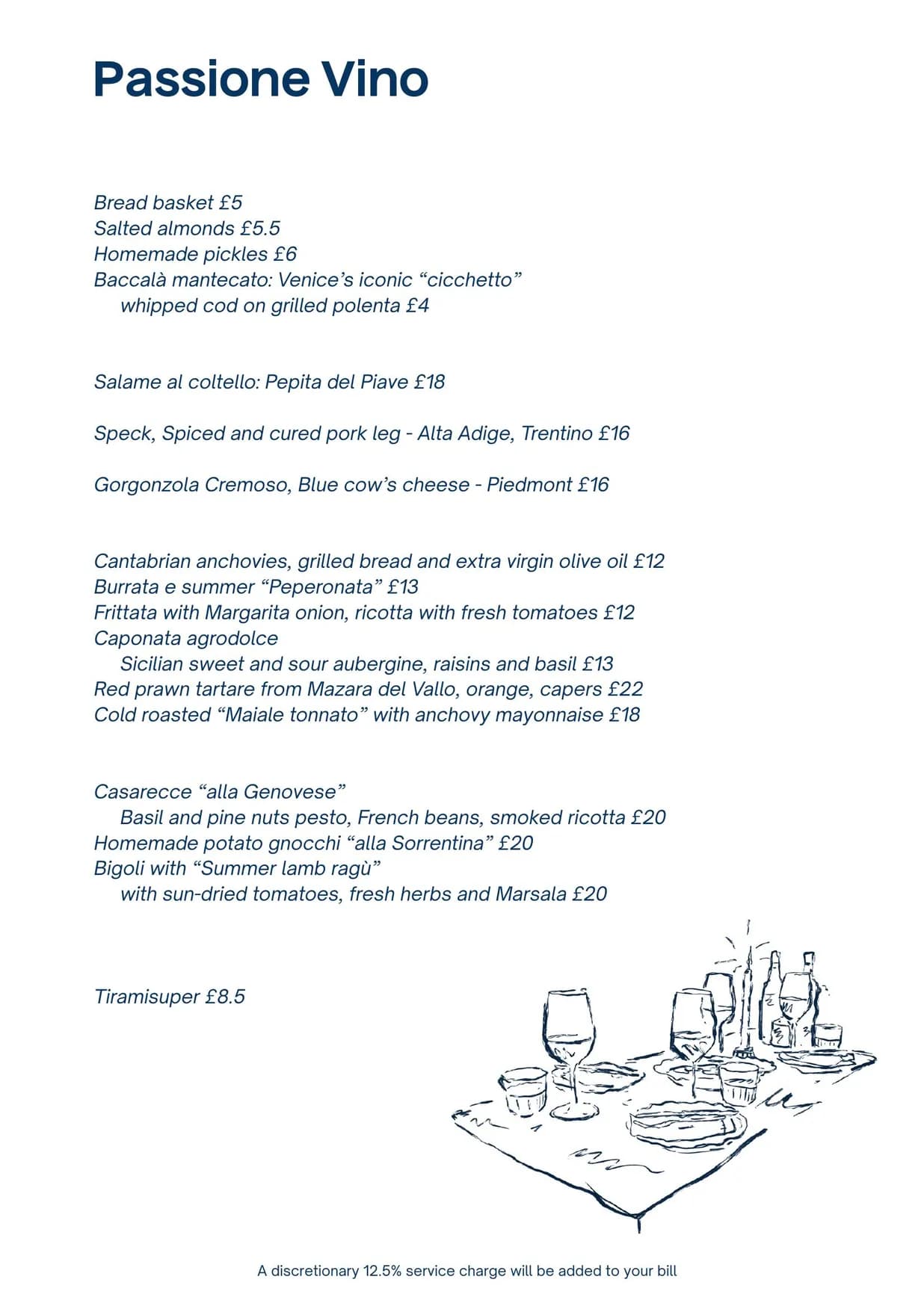 Passione Vino Shoreditch menu, page 1