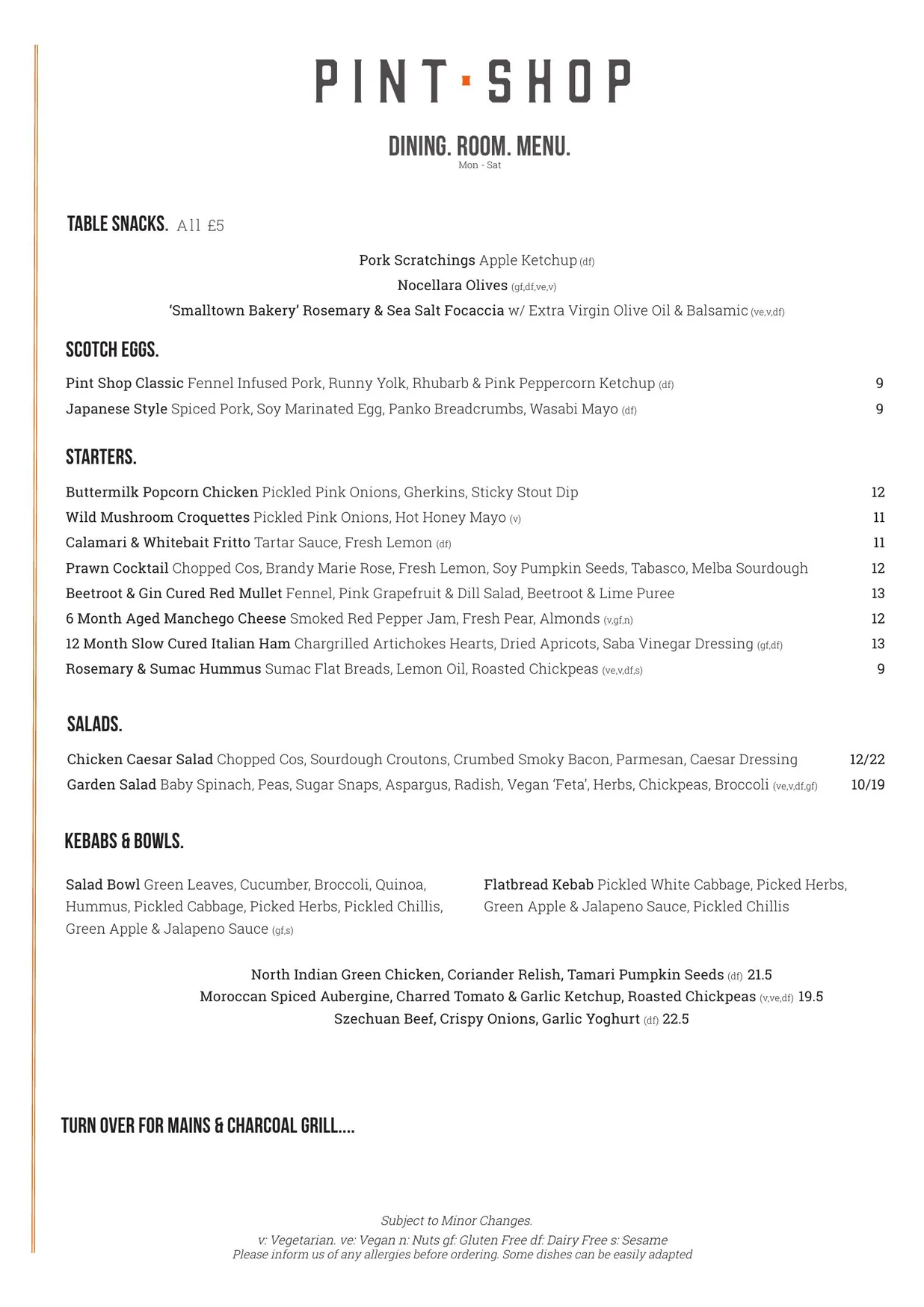 Pint Shop menu, page 1