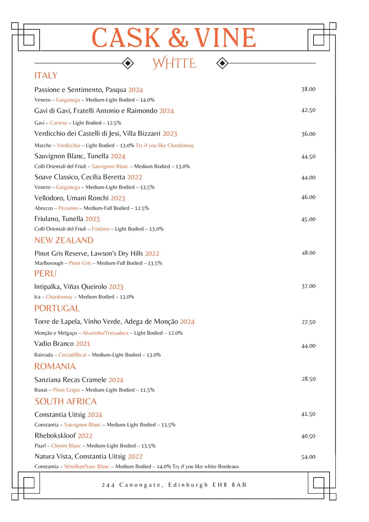Cask & Vine menu, page 14