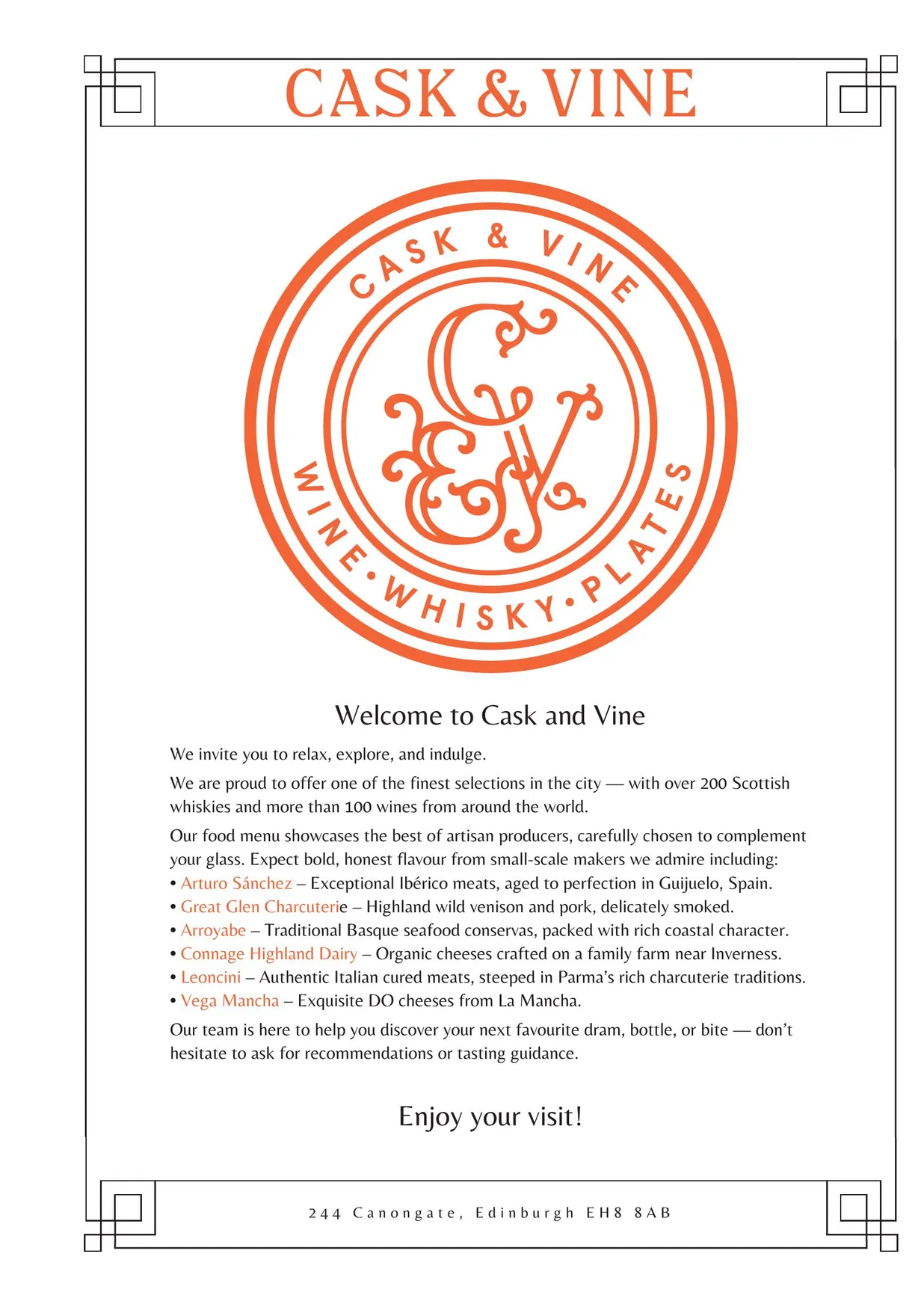 Cask & Vine menu, page 1