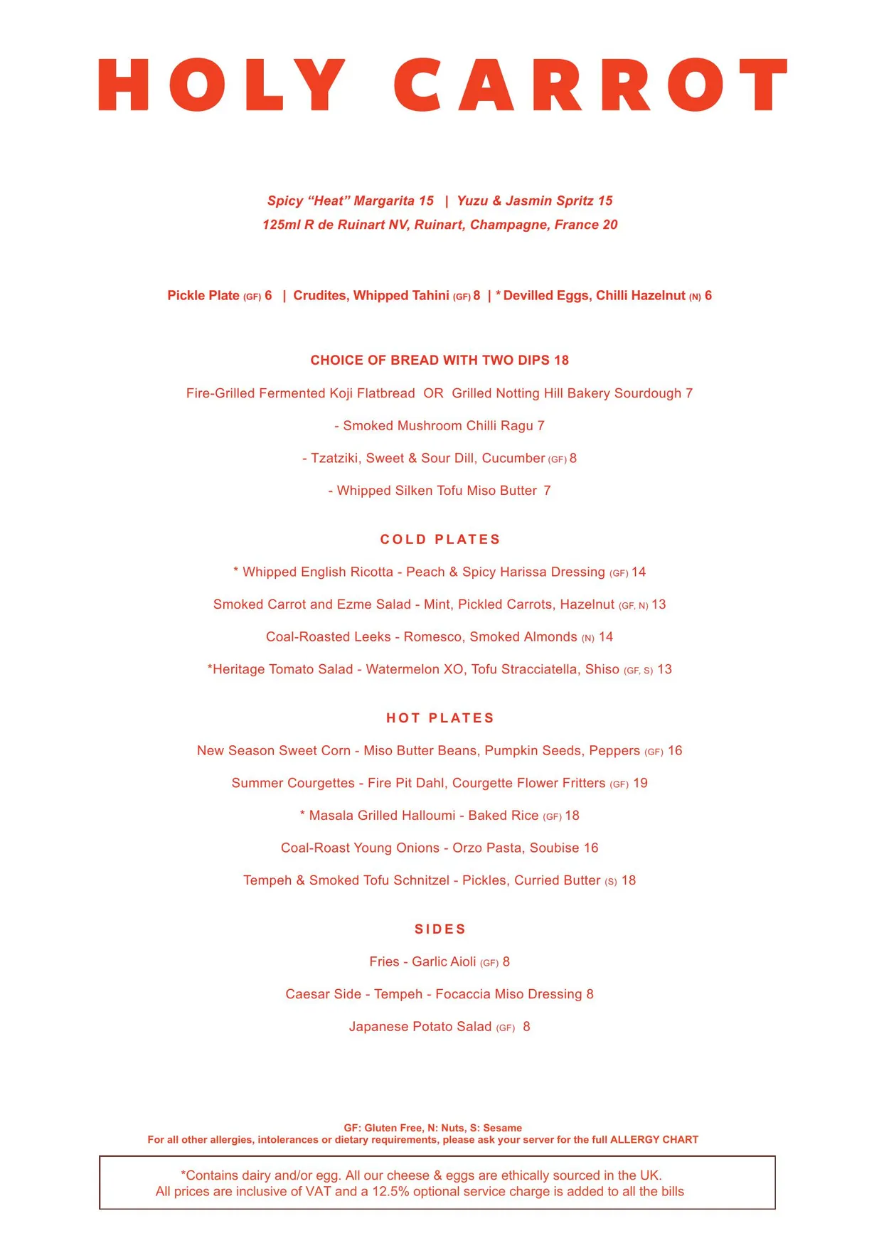 Holy Carrot menu, page 1