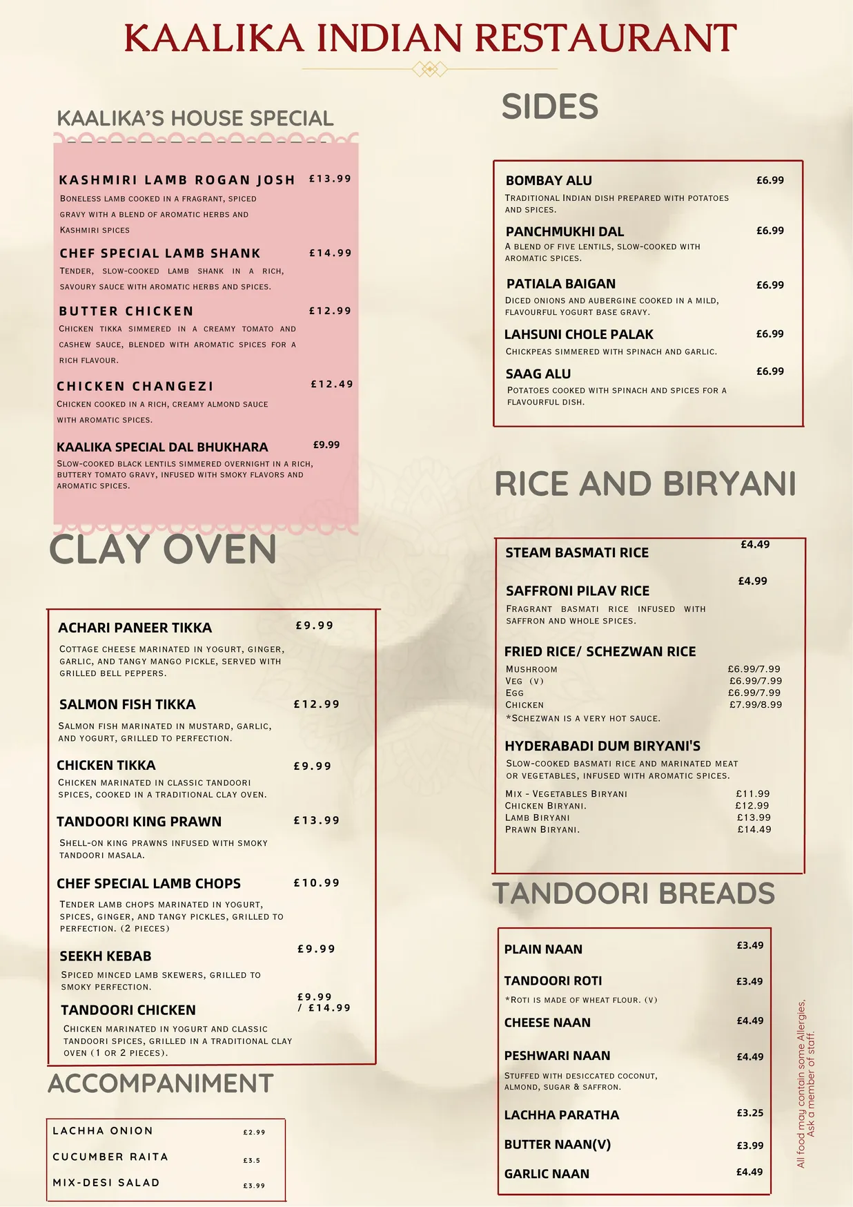 Kaalika Indian Restaurant menu, page 2
