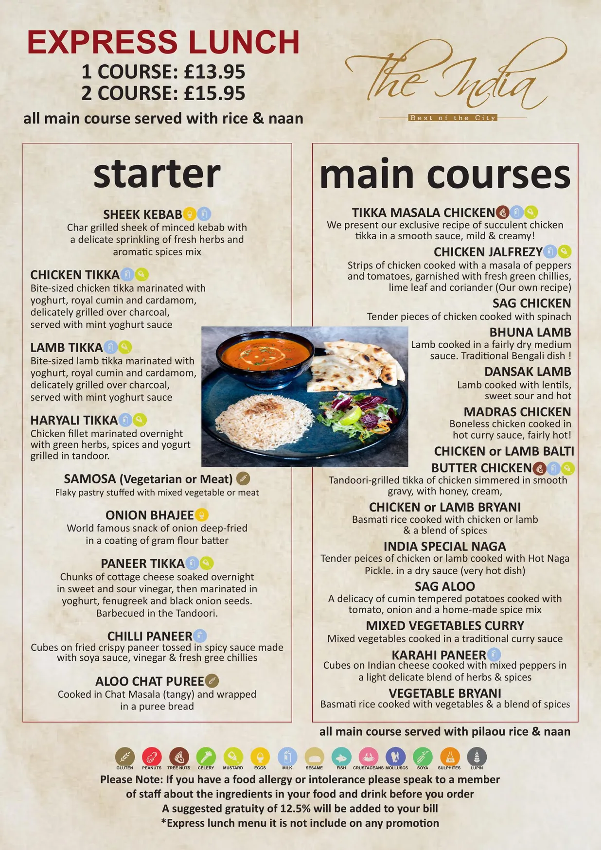 The India Leicester Square menu, page 1