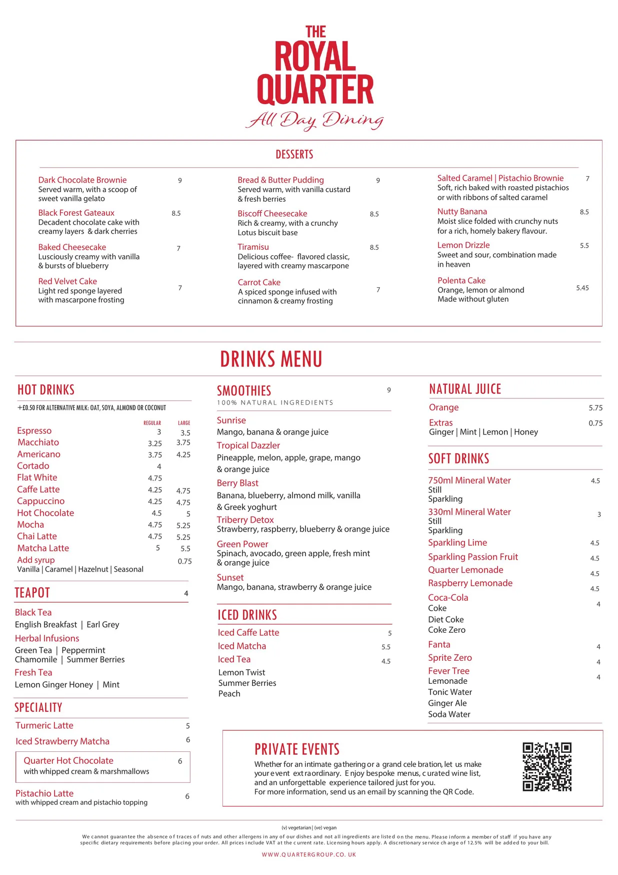 The Royal Quarter menu, page 2