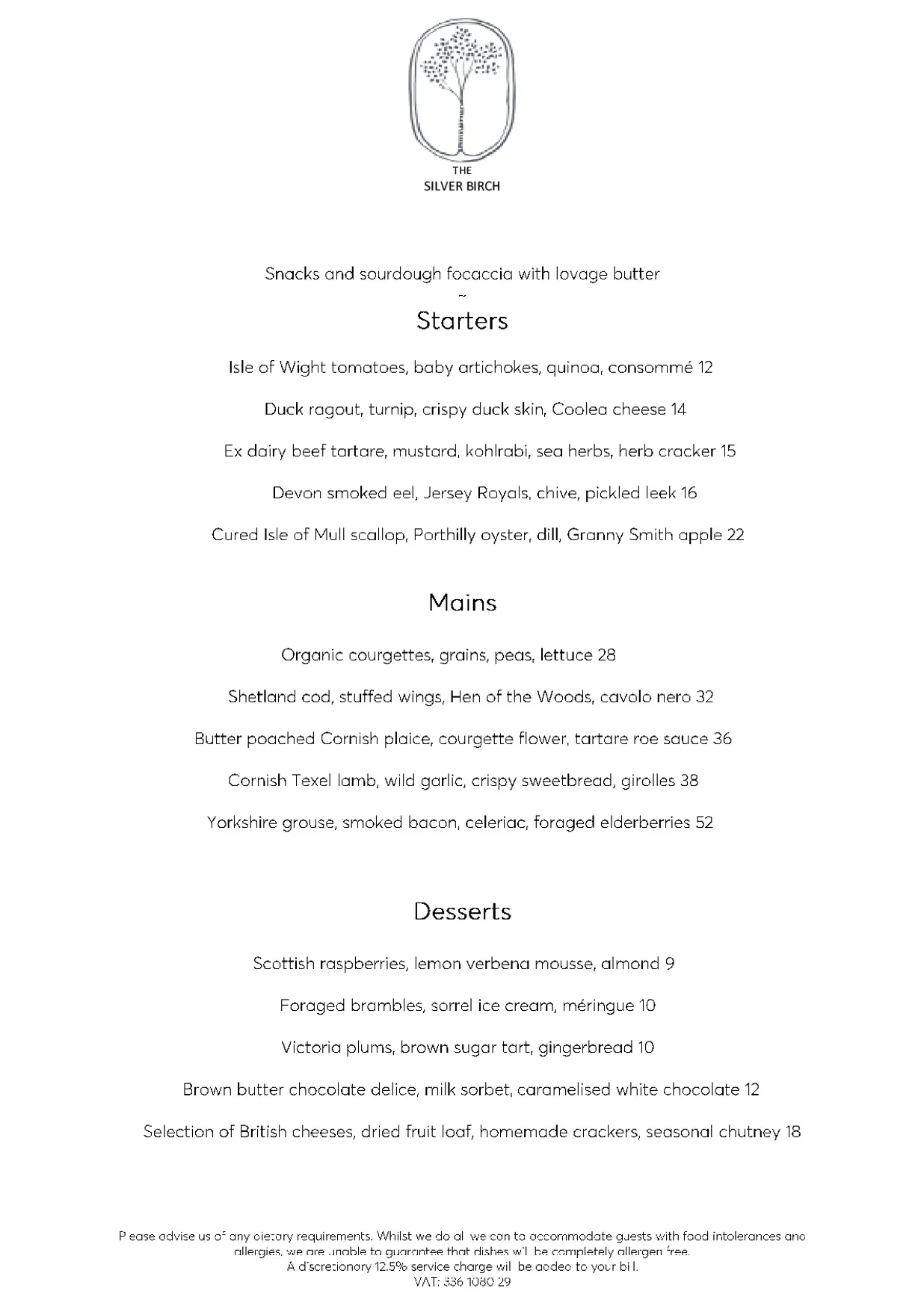The Silver Birch menu, page 4