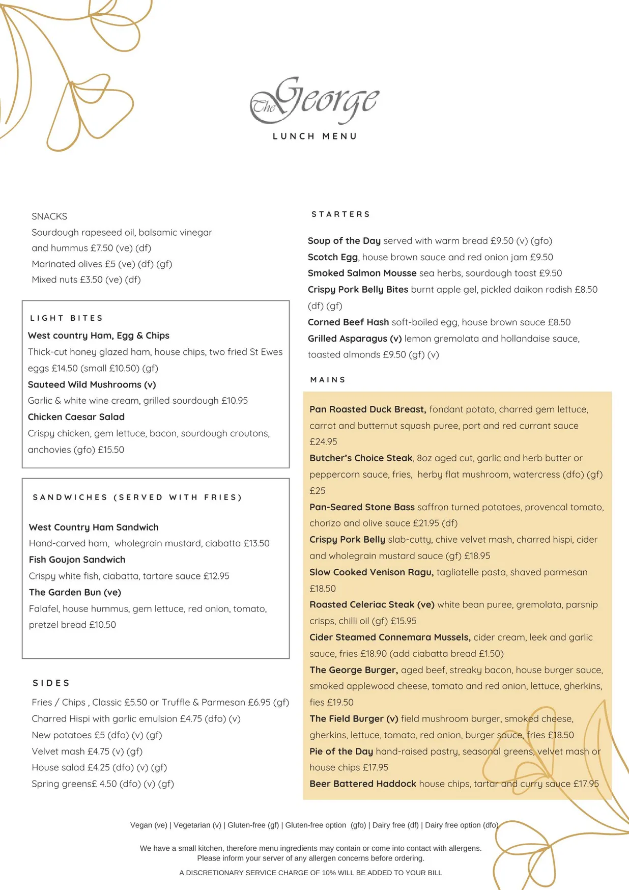 The George at Woolley menu, page 1