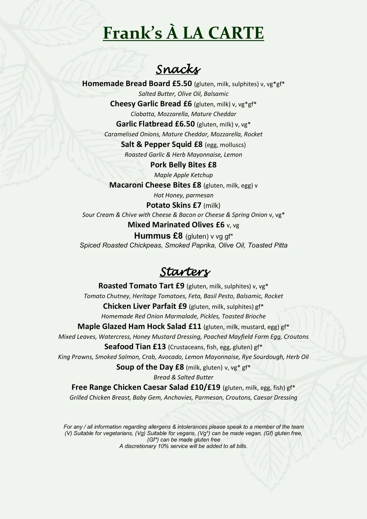Frank’s menu, page 1