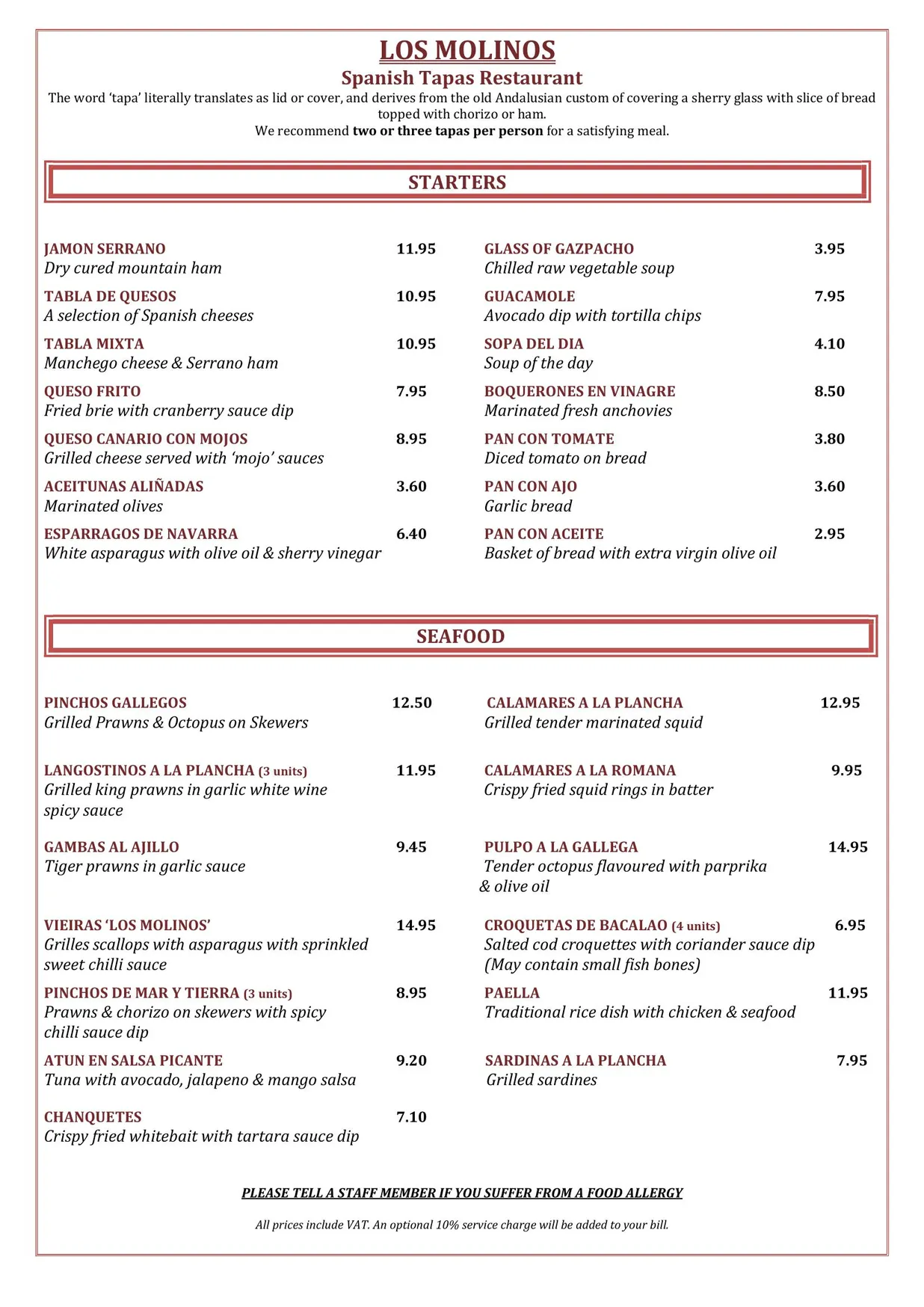 Los Molinos menu, page 1