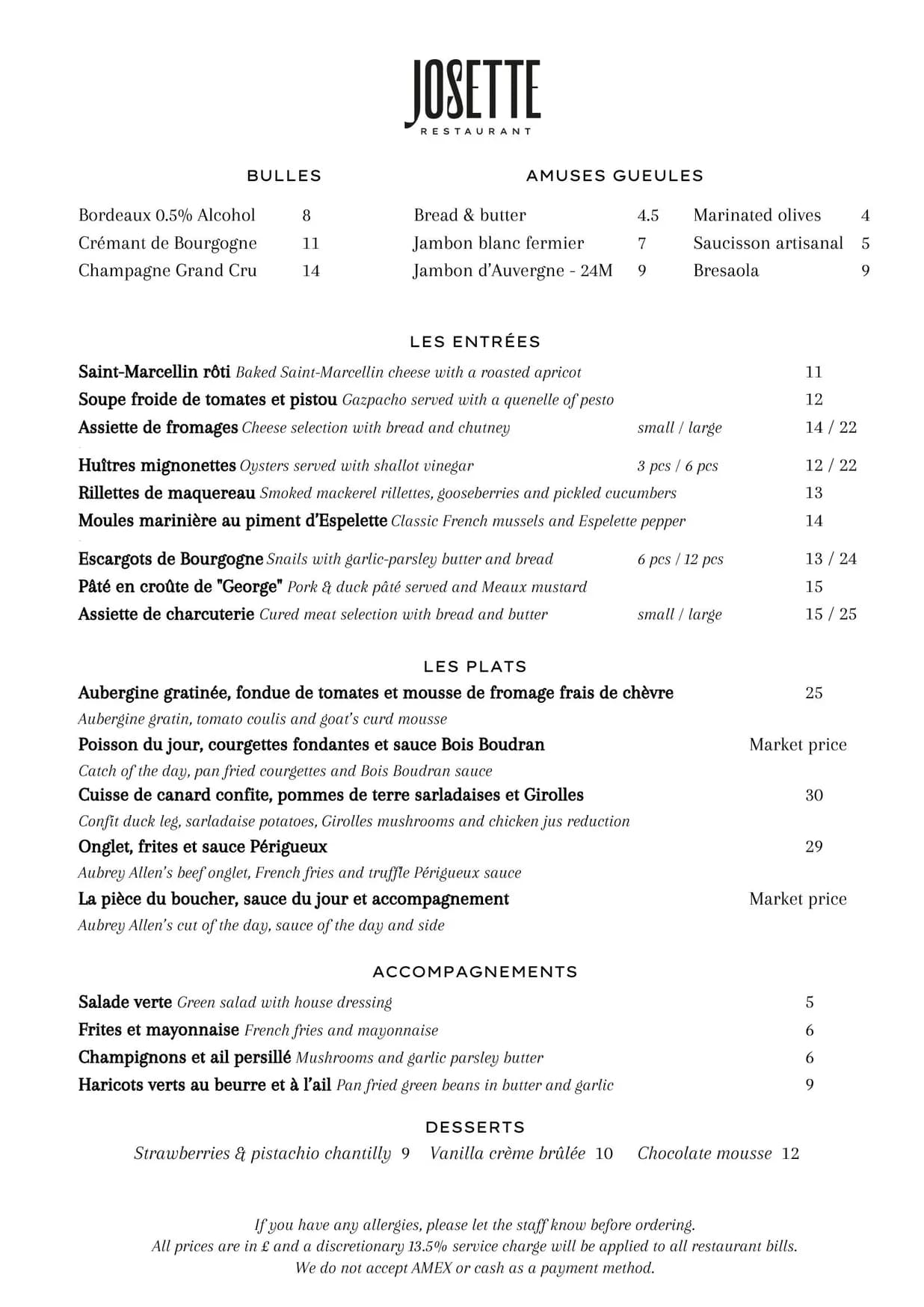 Josette menu, page 1