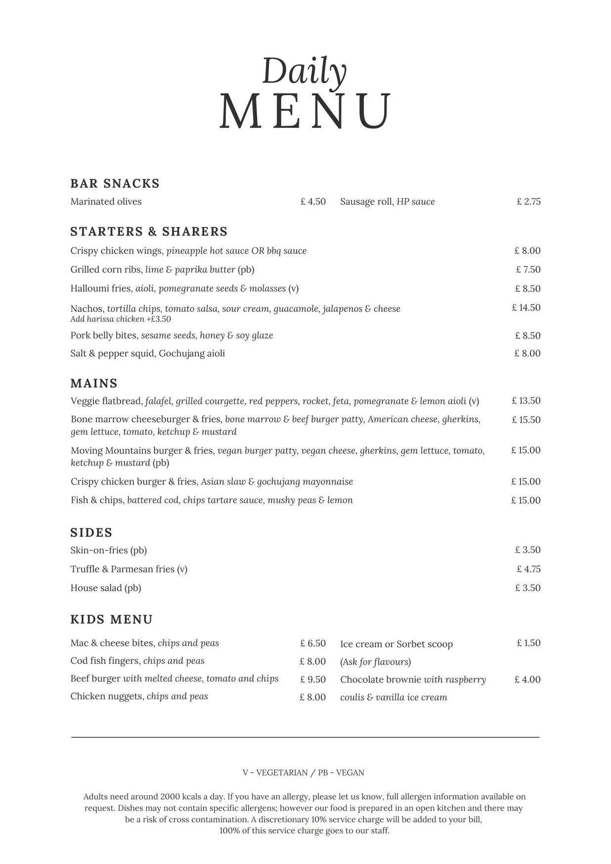 Goldsmiths Arms menu, page 1