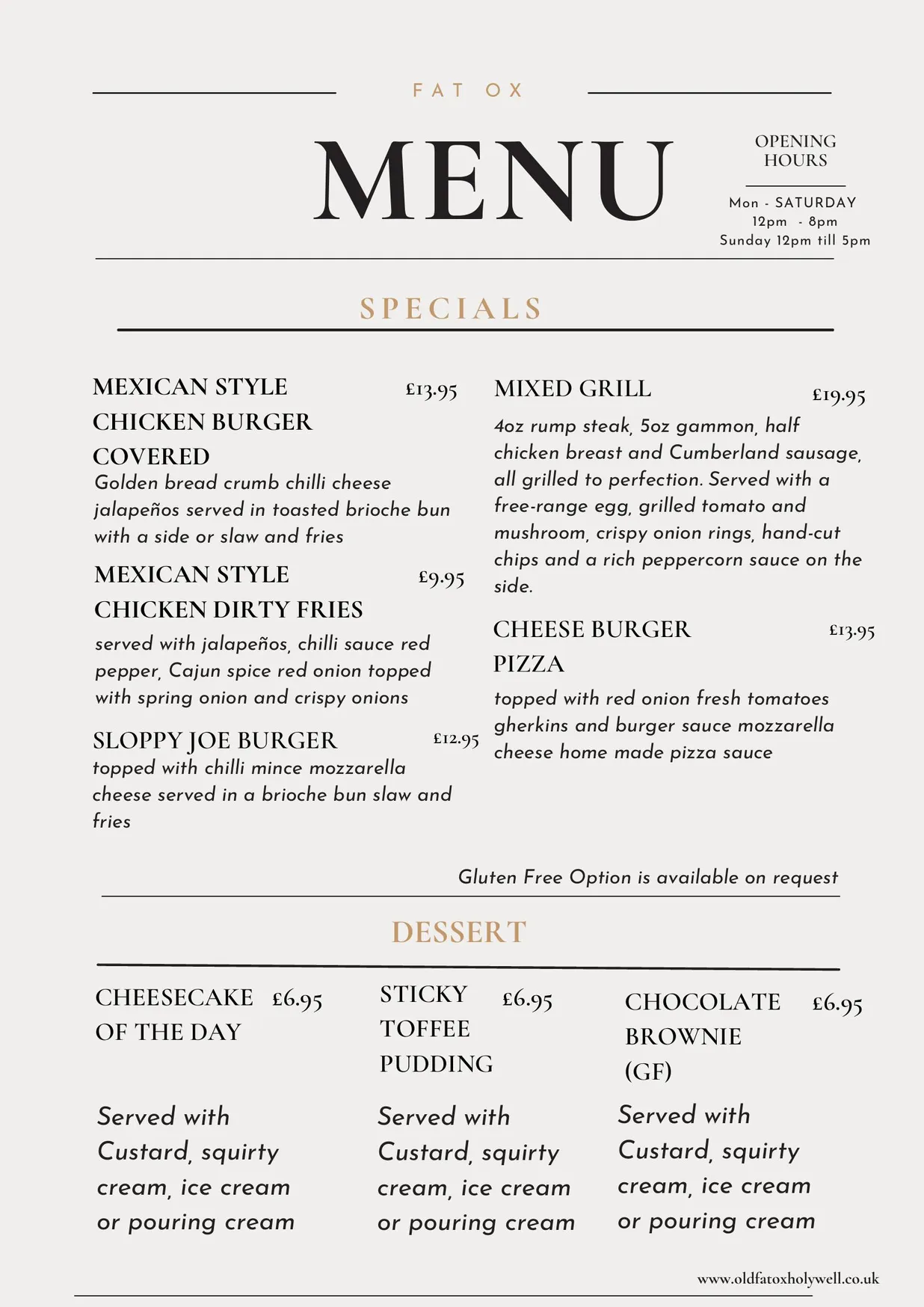 The Fat Ox menu, page 2