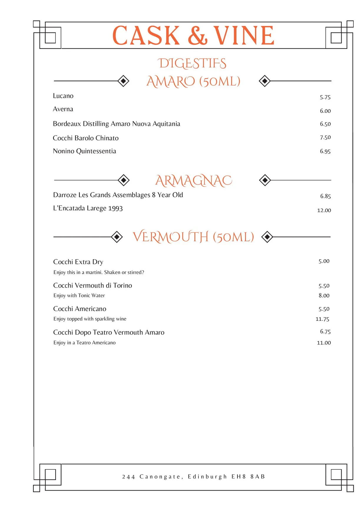 Cask & Vine menu, page 25