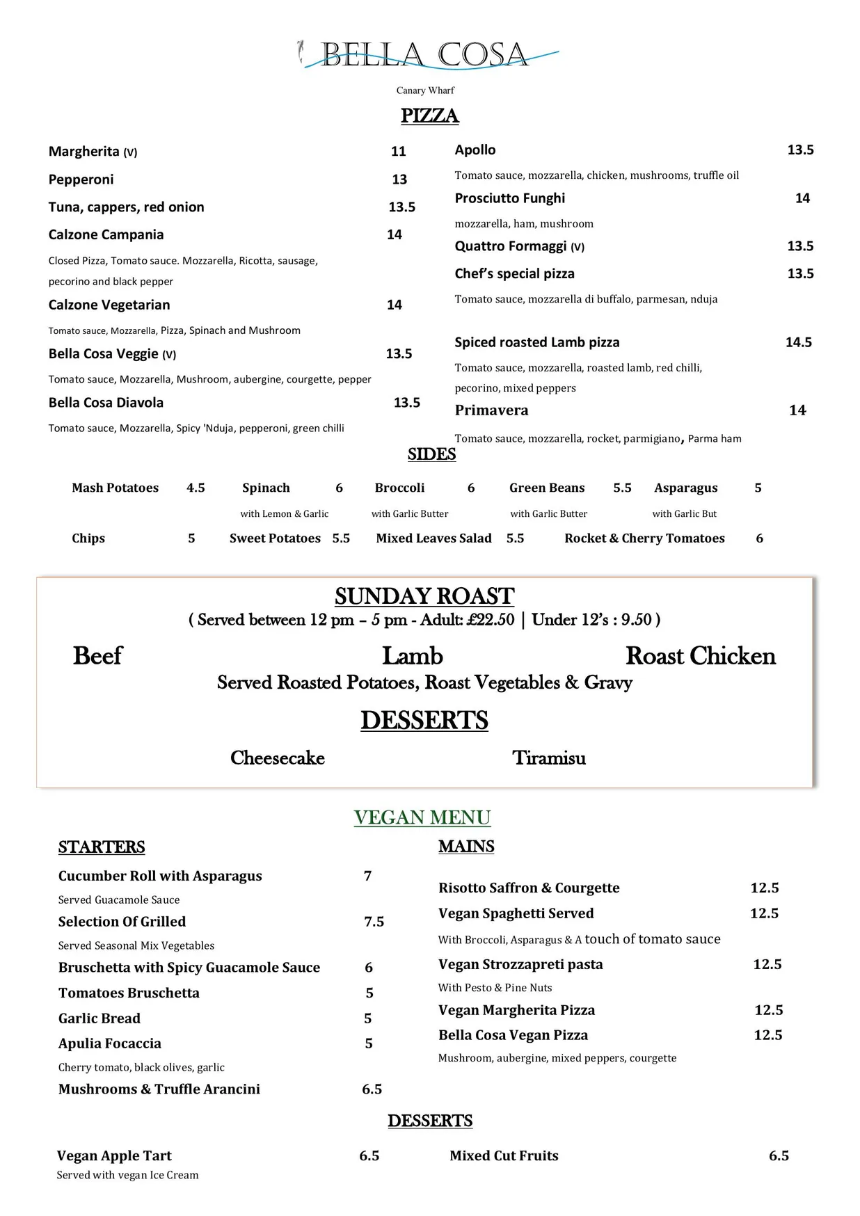 Bella Cosa menu, page 2