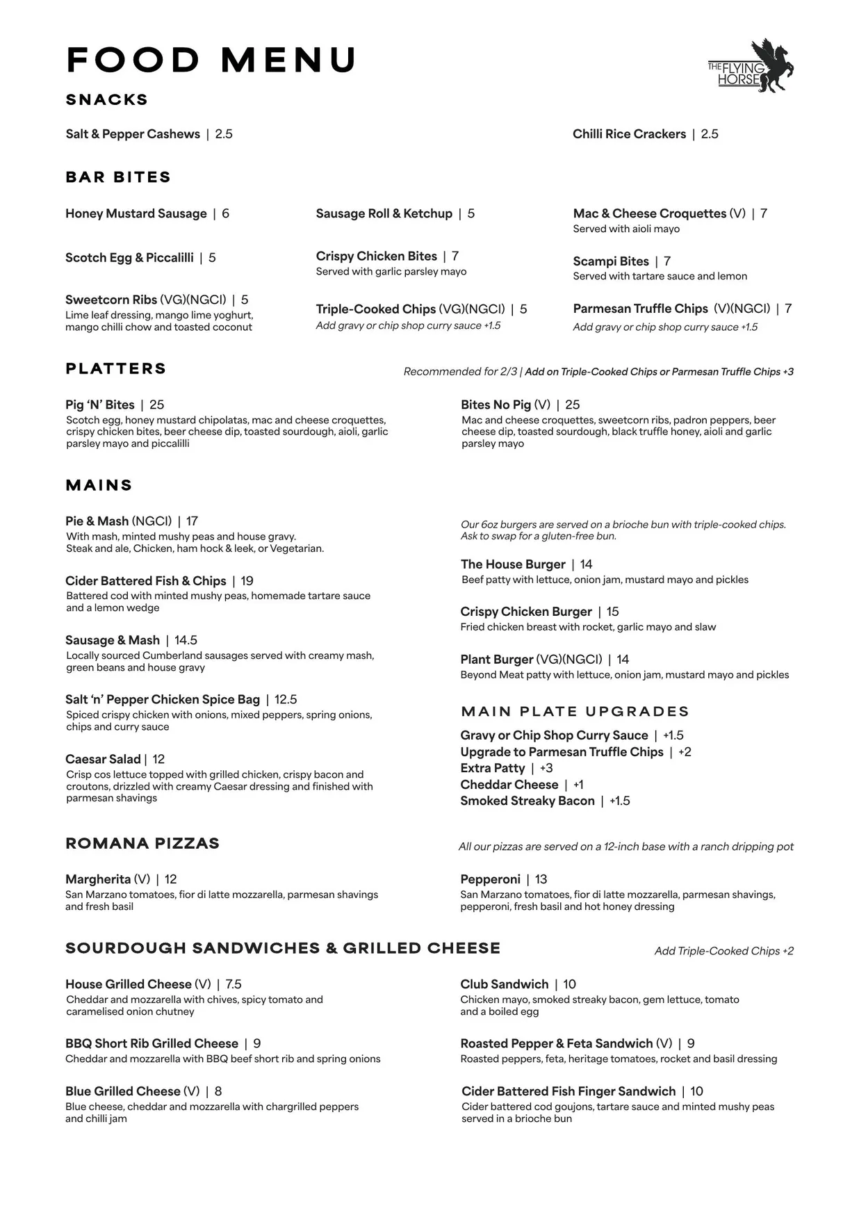The Flying Horse menu, page 1