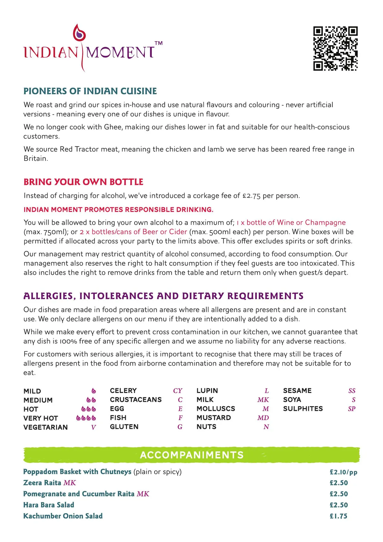 Indian Moment menu, page 1