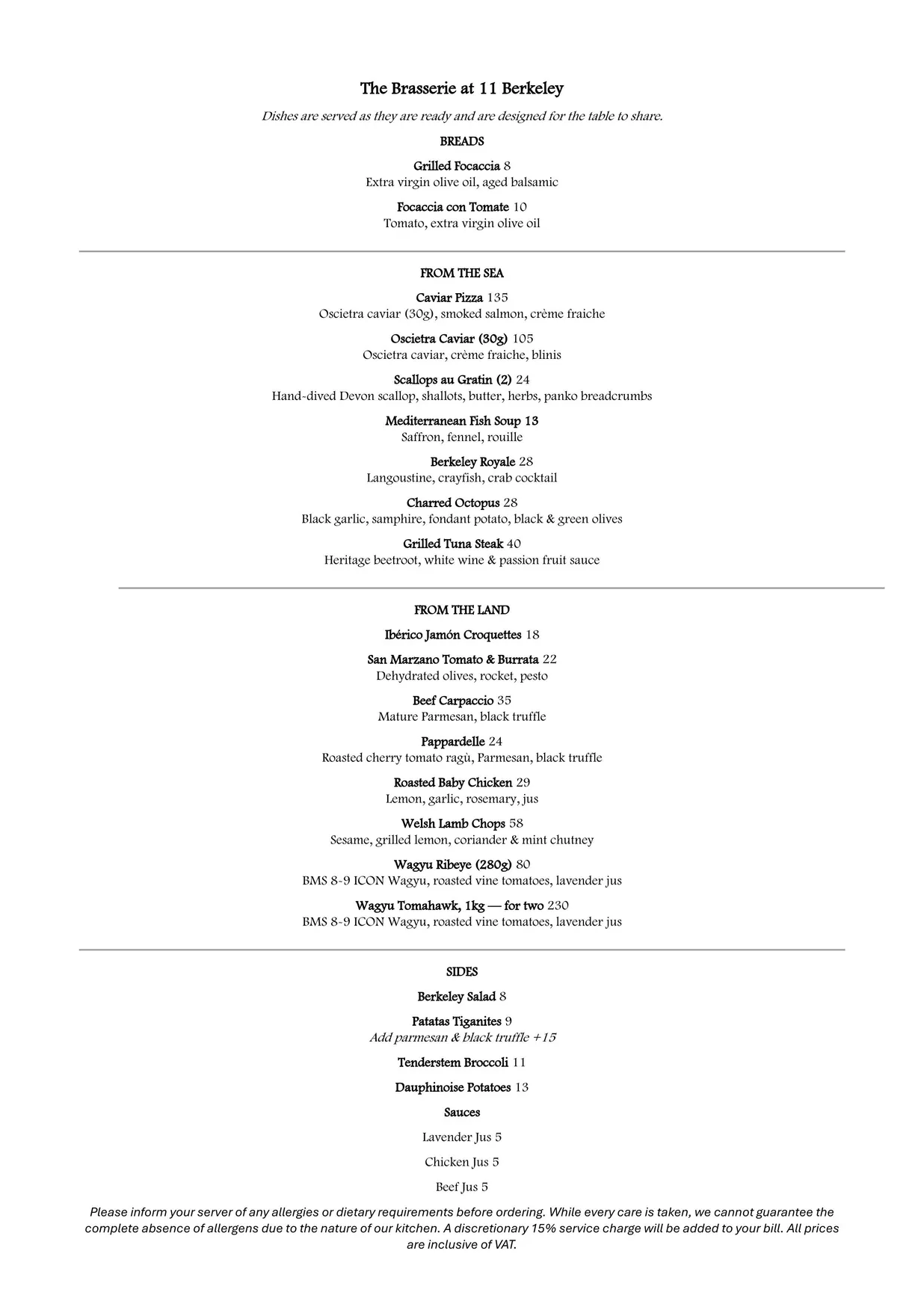 Brasserie at 11 Berkeley menu, page 1