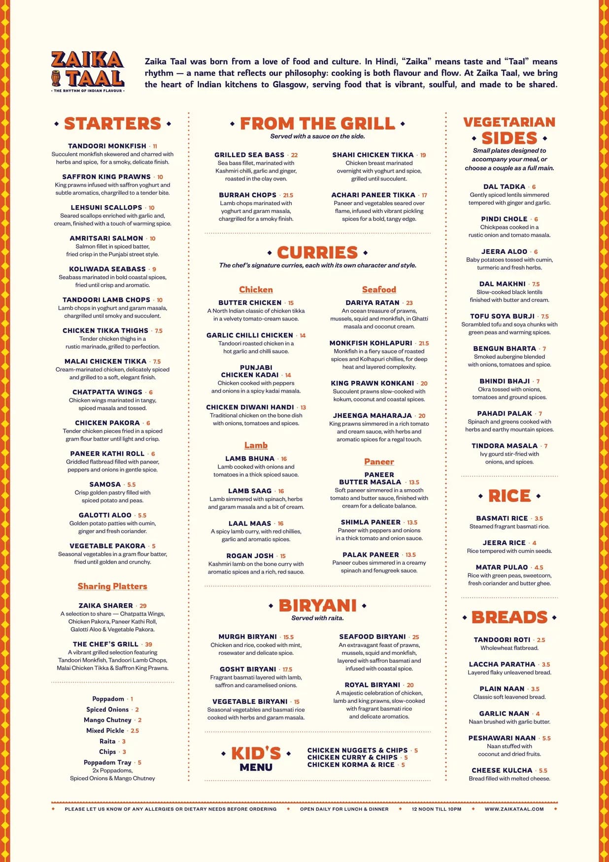 Zaika Taal menu, page 1