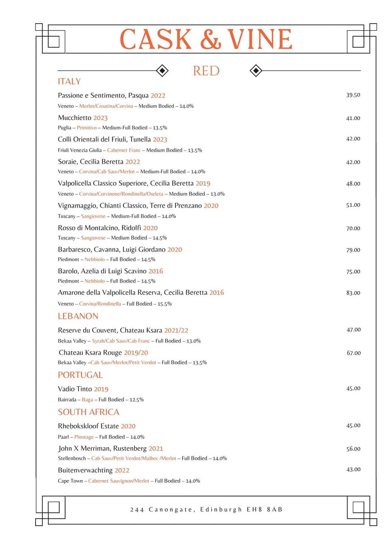 Cask & Vine menu, page 17