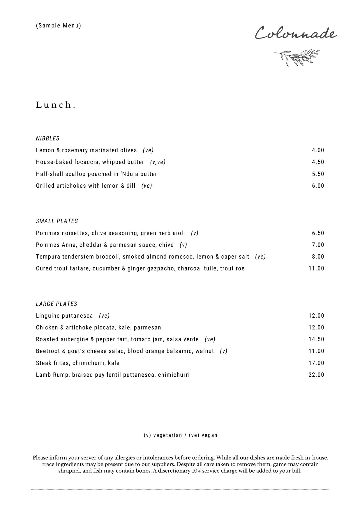 Colonnade menu, page 1