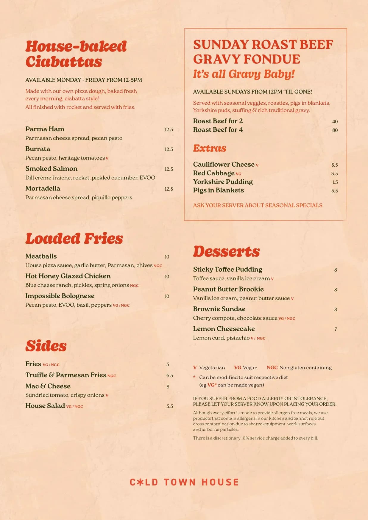 Cold Town House menu, page 2