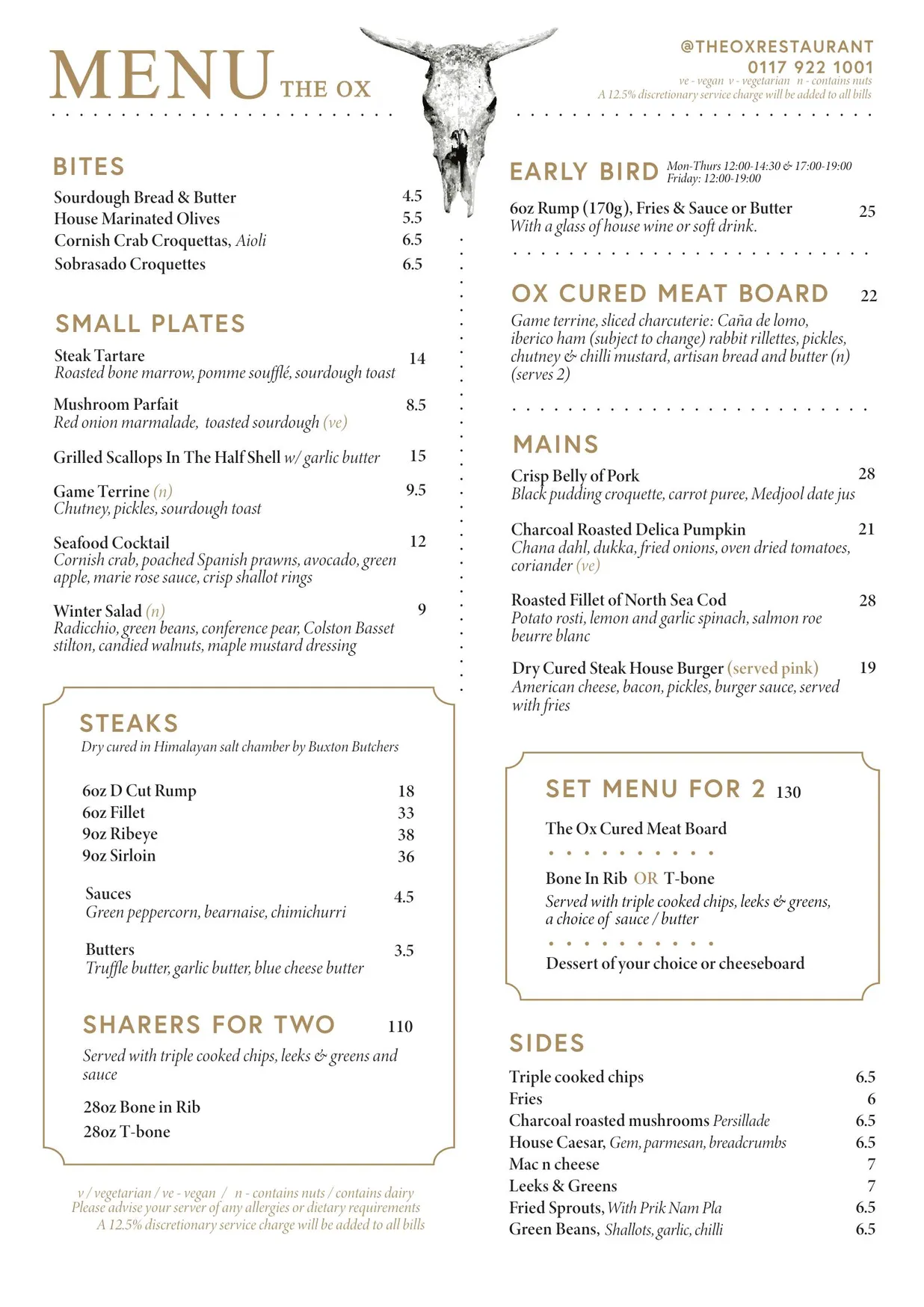 The Ox Bristol menu, page 2