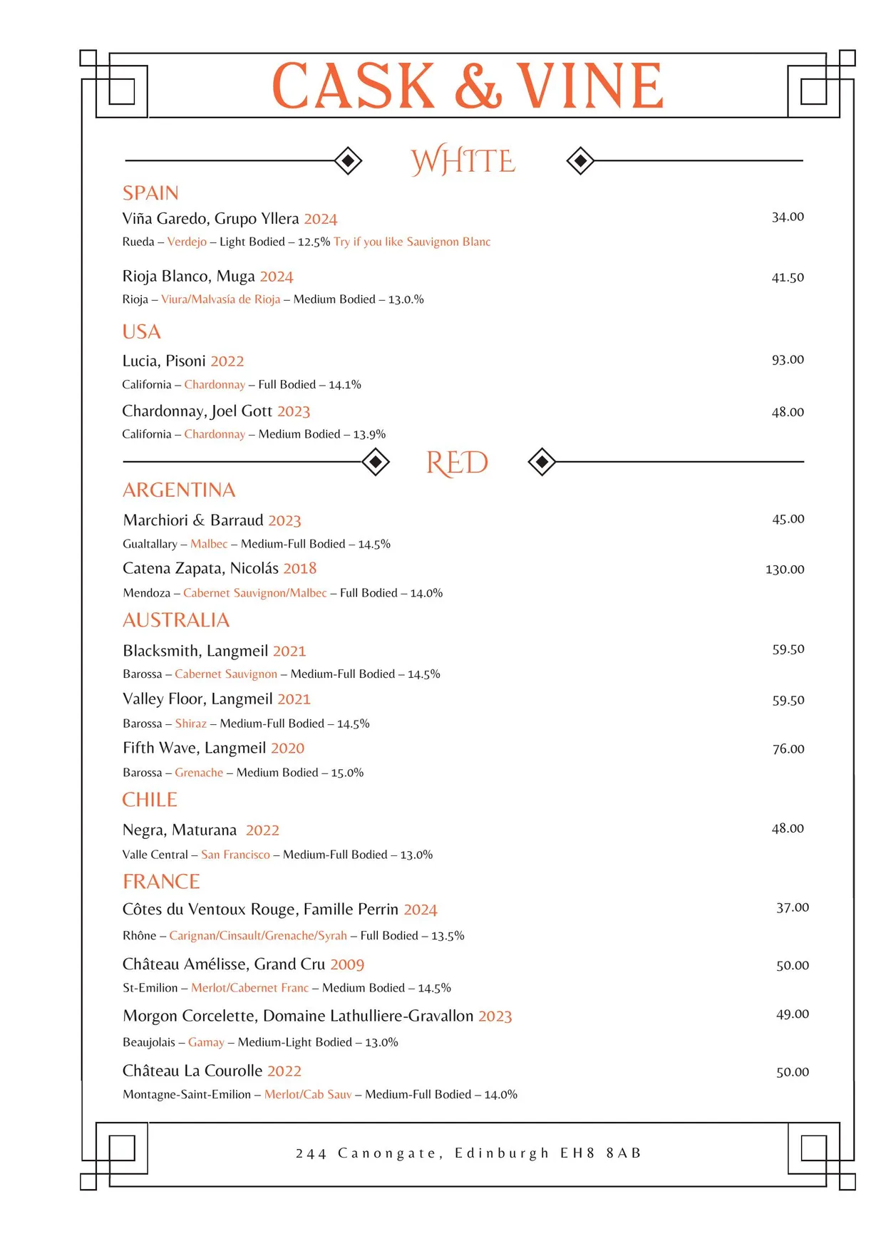 Cask & Vine menu, page 15