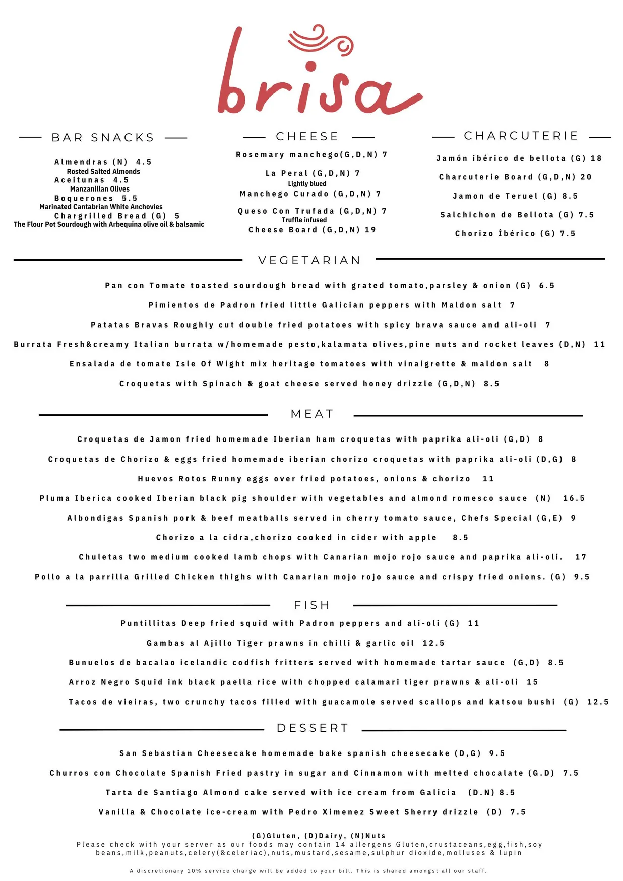 Brisa Tapas & Bar menu, page 1