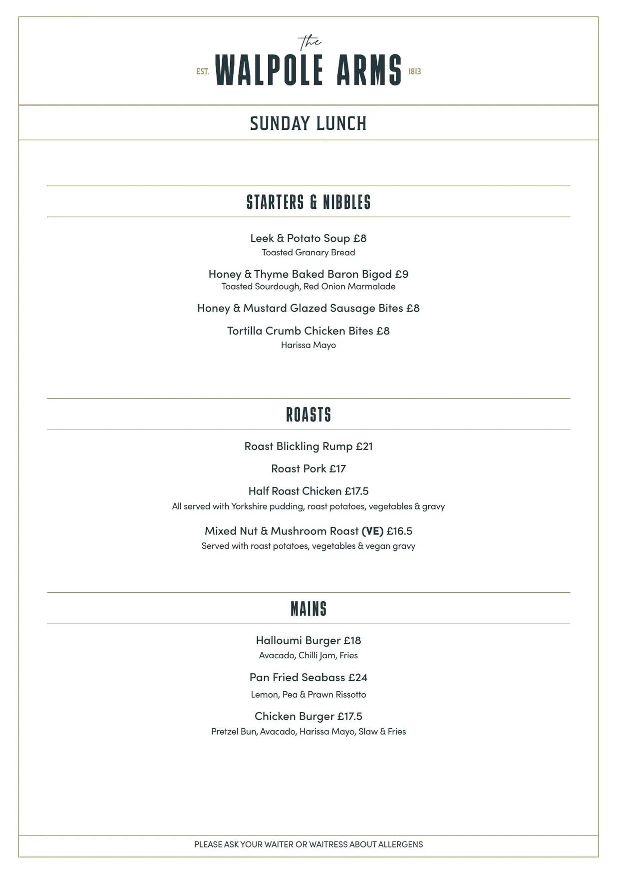 The Walpole Arms menu, page 3