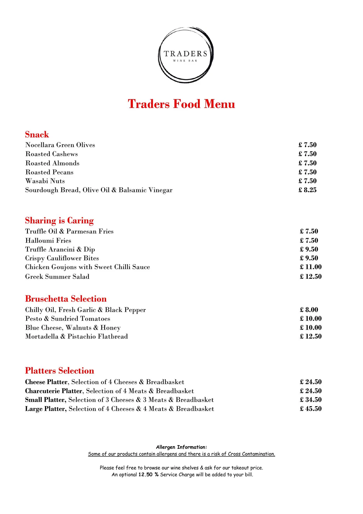 Traders Wine Bar menu, page 1