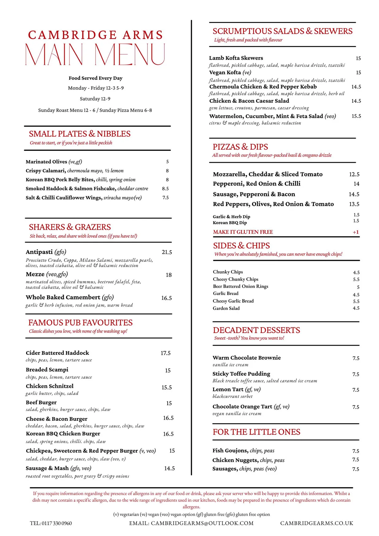 The Cambridge Arms menu, page 2