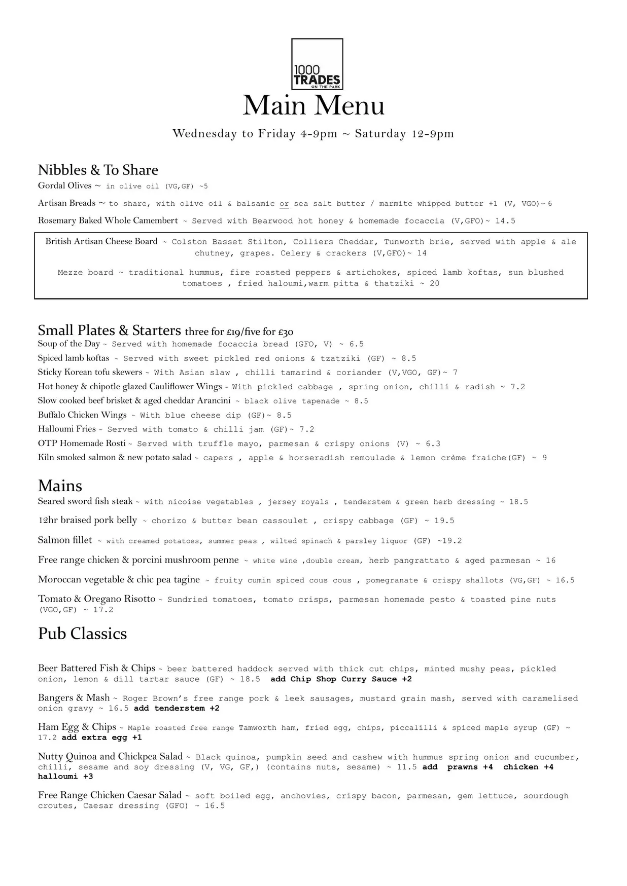 1000 Trades on the Park menu, page 1