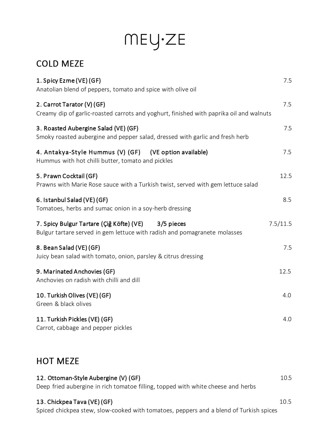 MEY·ZE menu, page 1