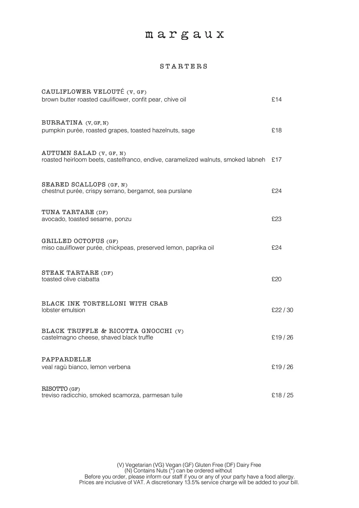 Margaux menu, page 1