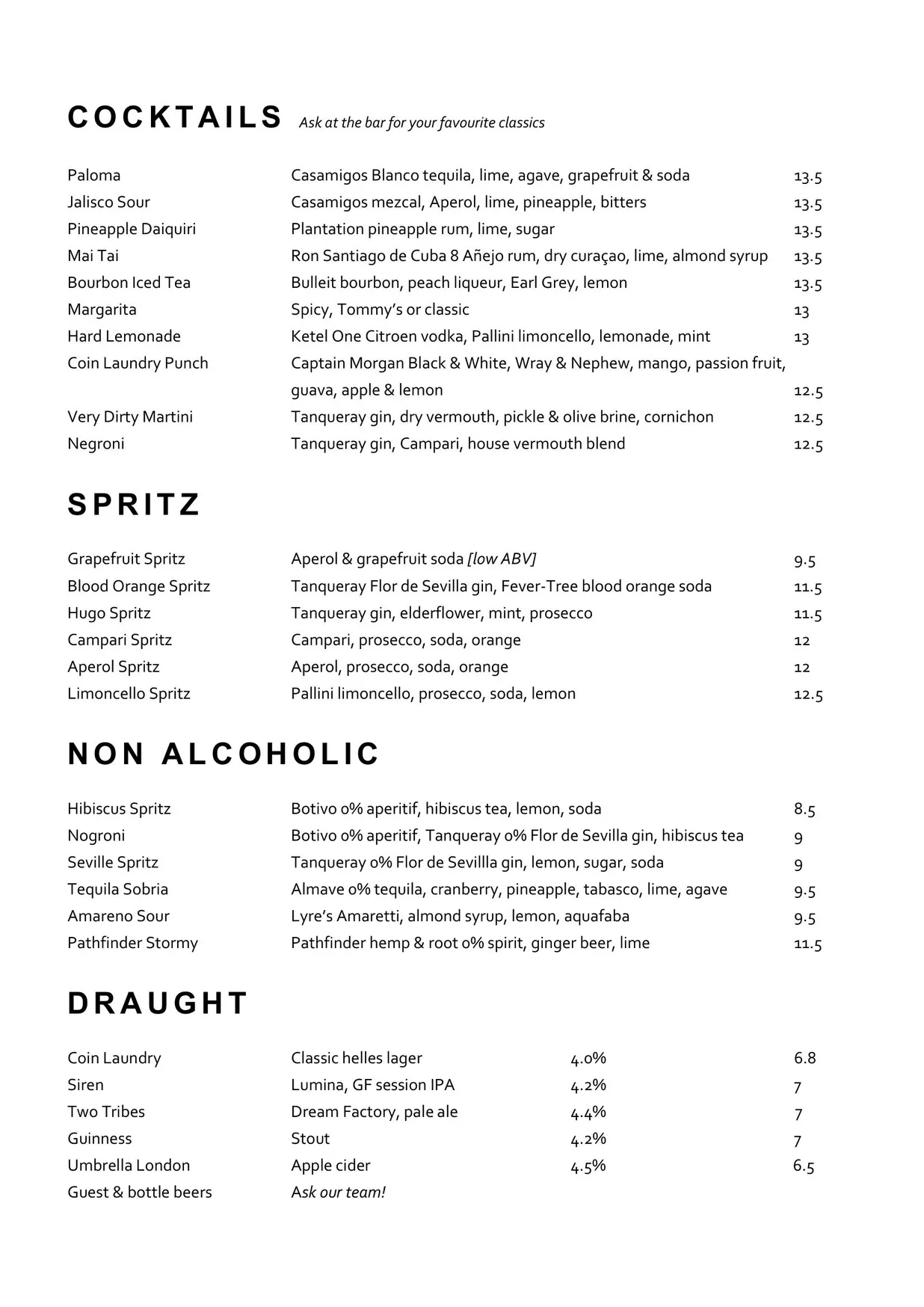 Coin Laundry menu, page 3