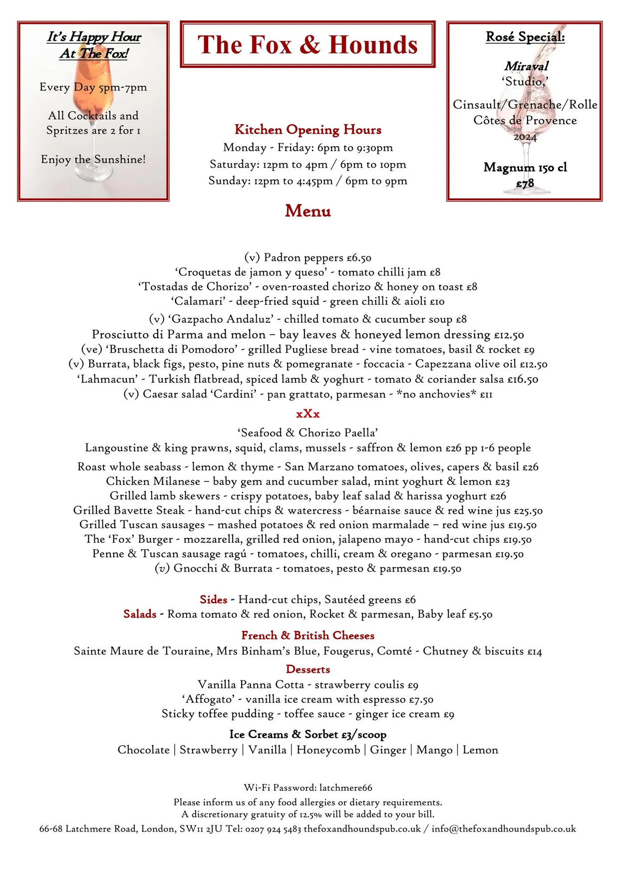 The Fox & Hounds menu, page 3