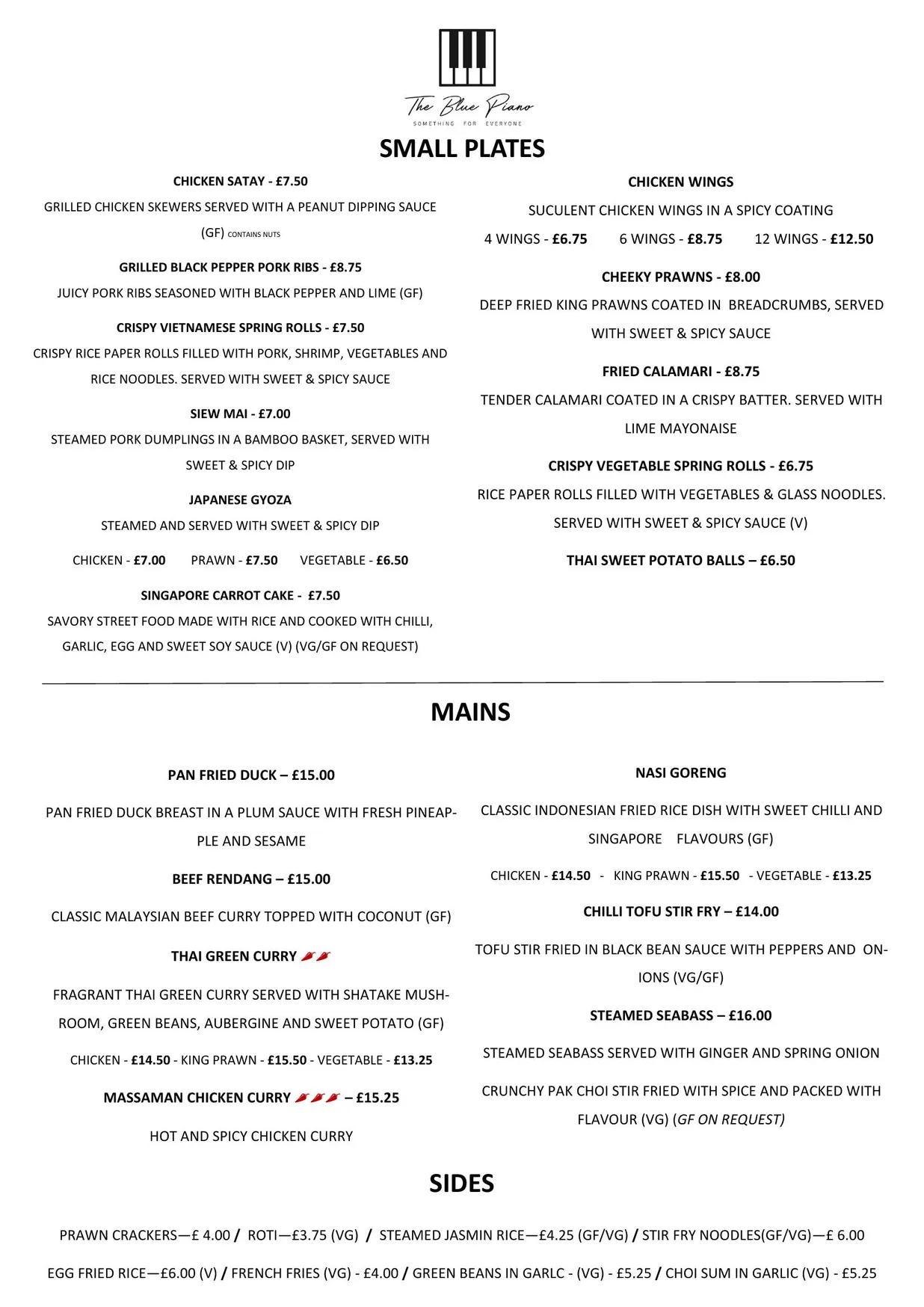 Blue Piano menu, page 1