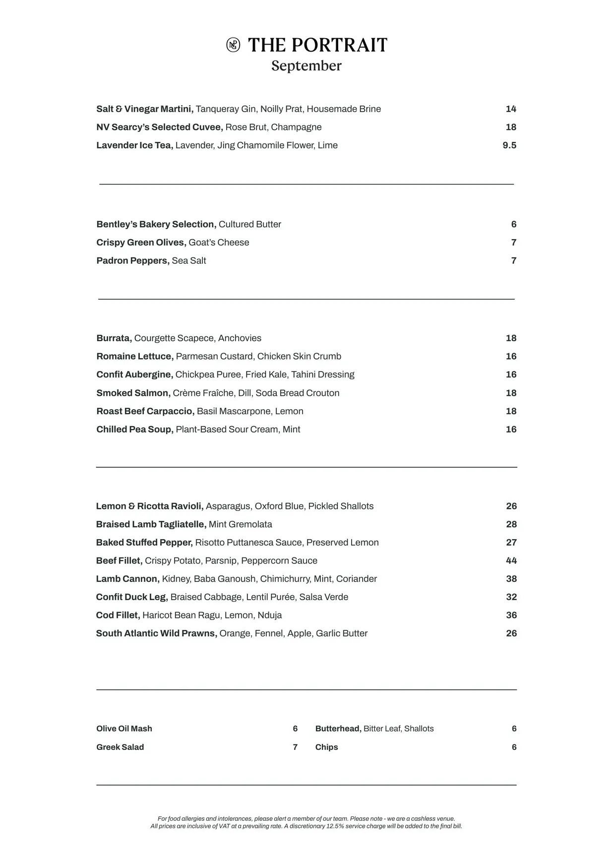 The Portrait Restaurant menu, page 1