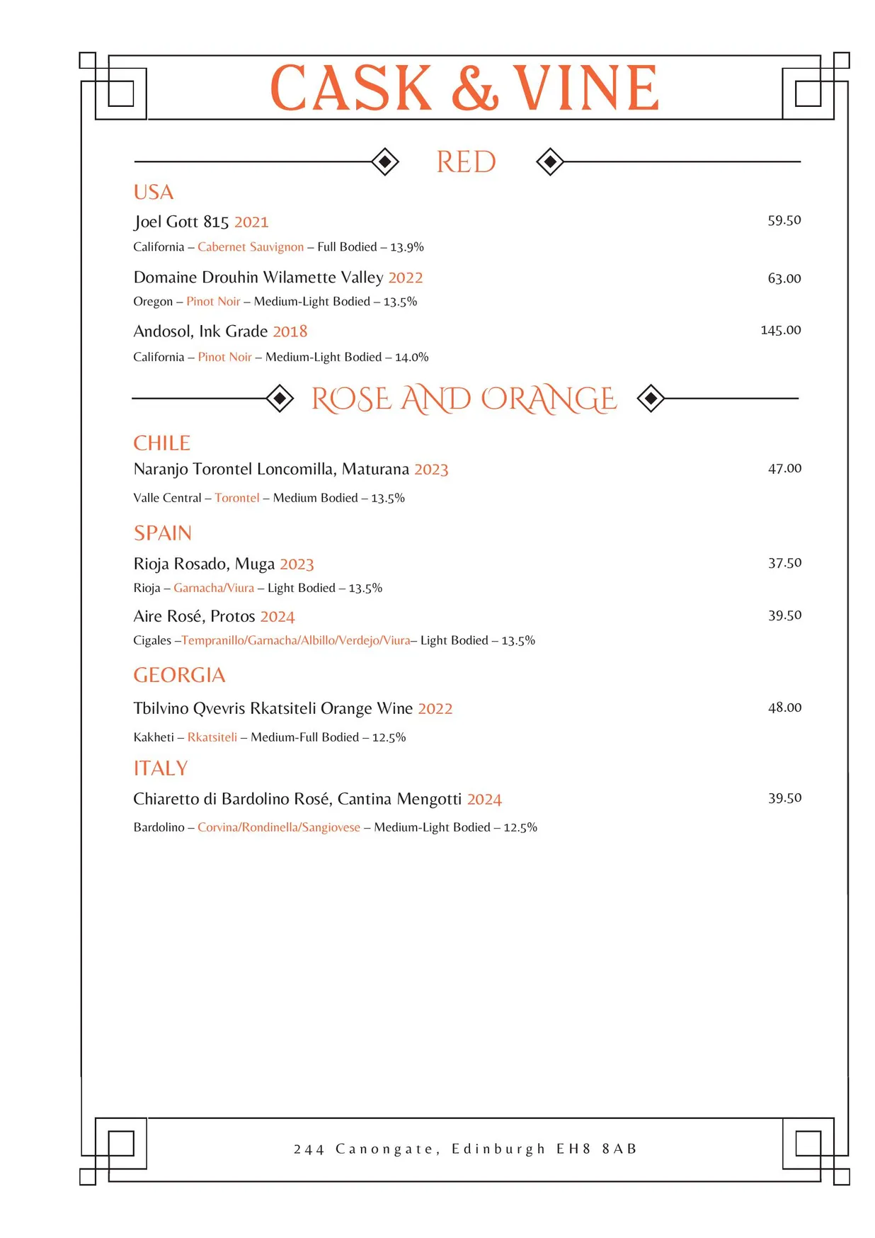 Cask & Vine menu, page 19