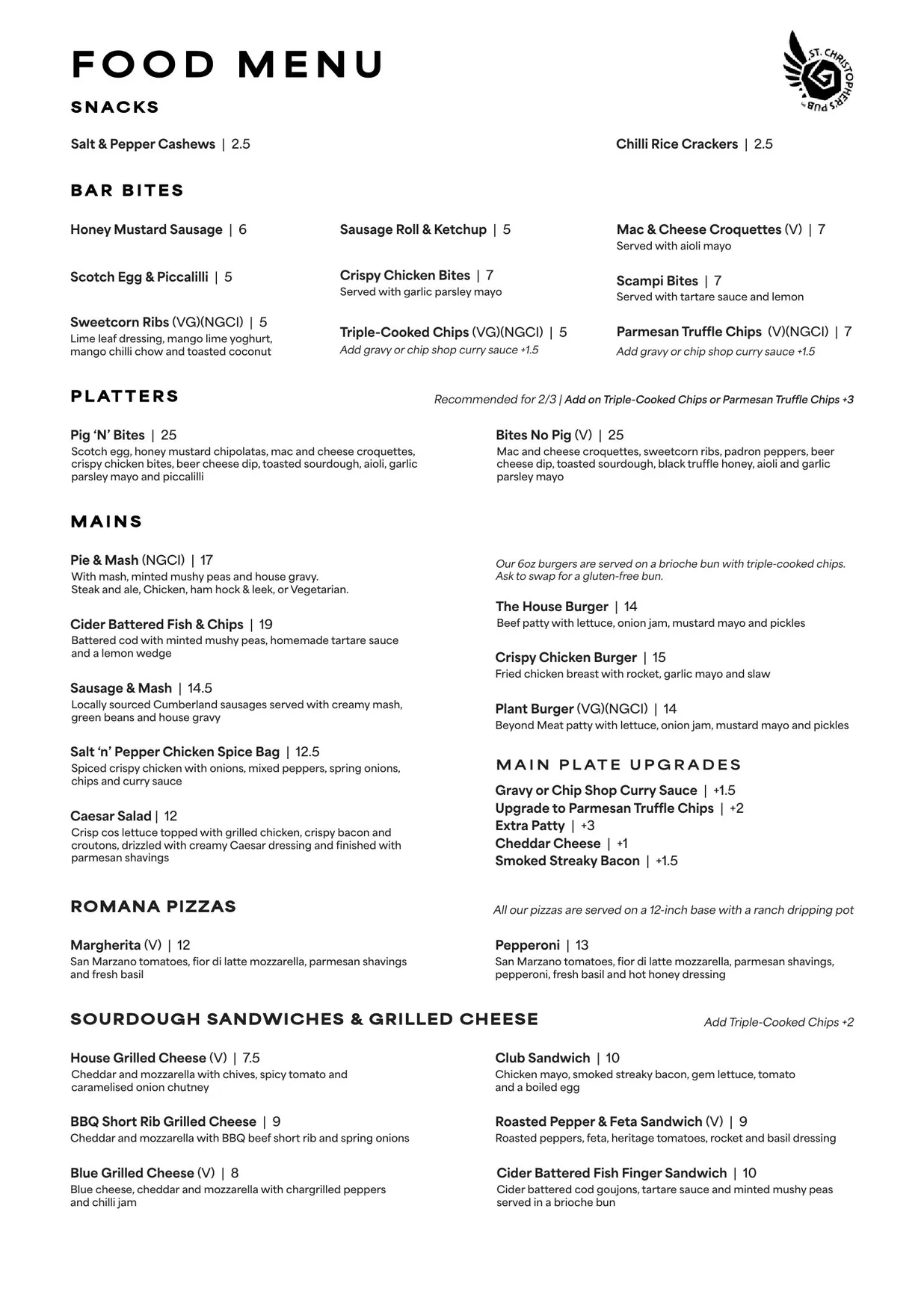 St Christopher's Inn menu, page 1
