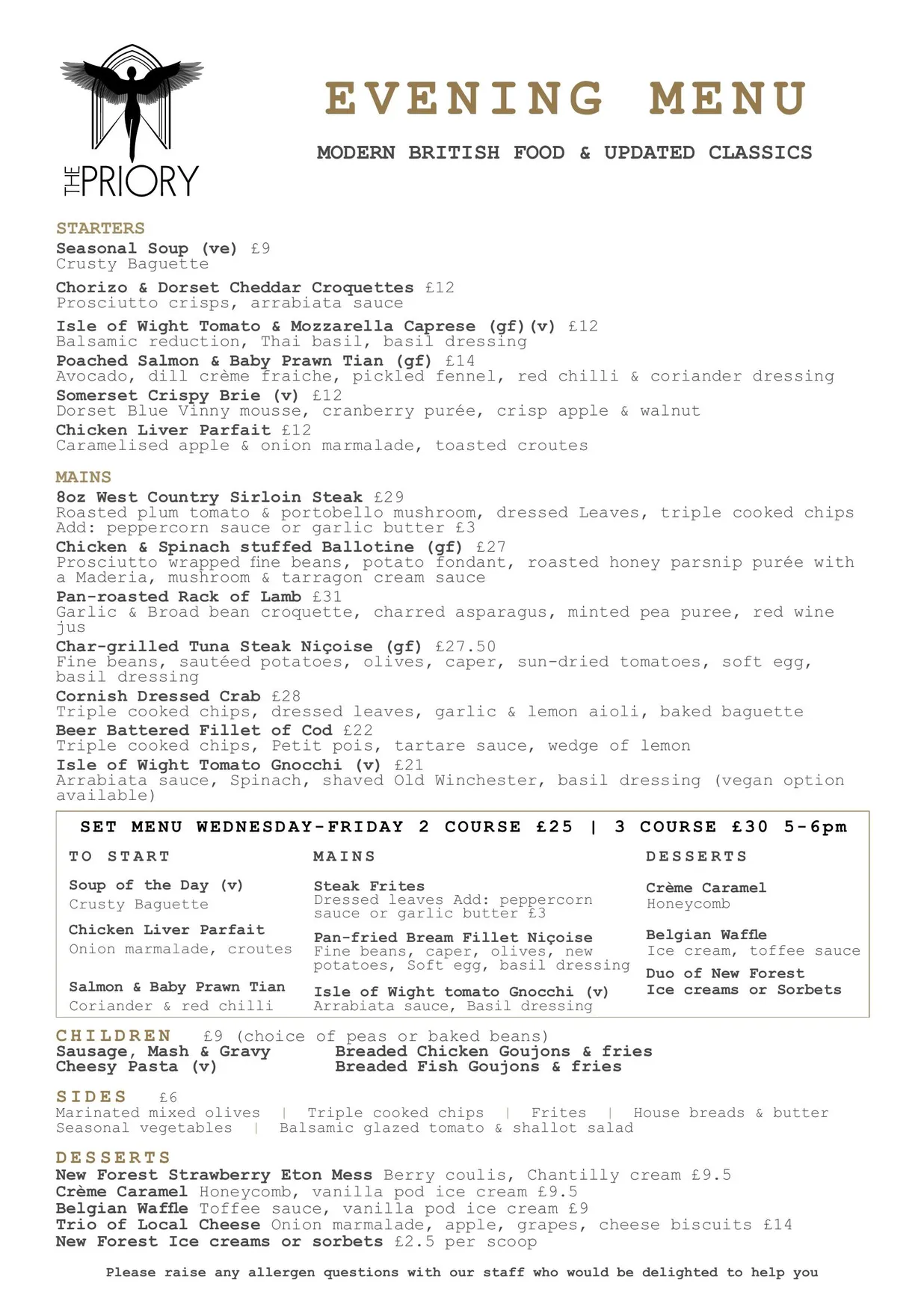 The Priory Restaurant menu, page 3
