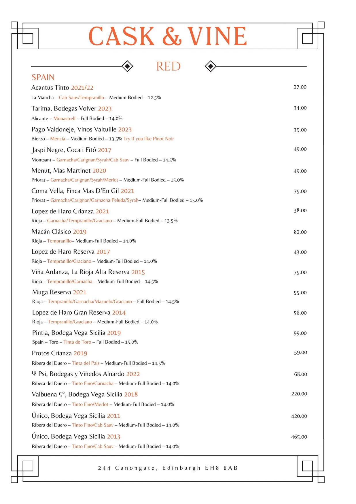 Cask & Vine menu, page 18