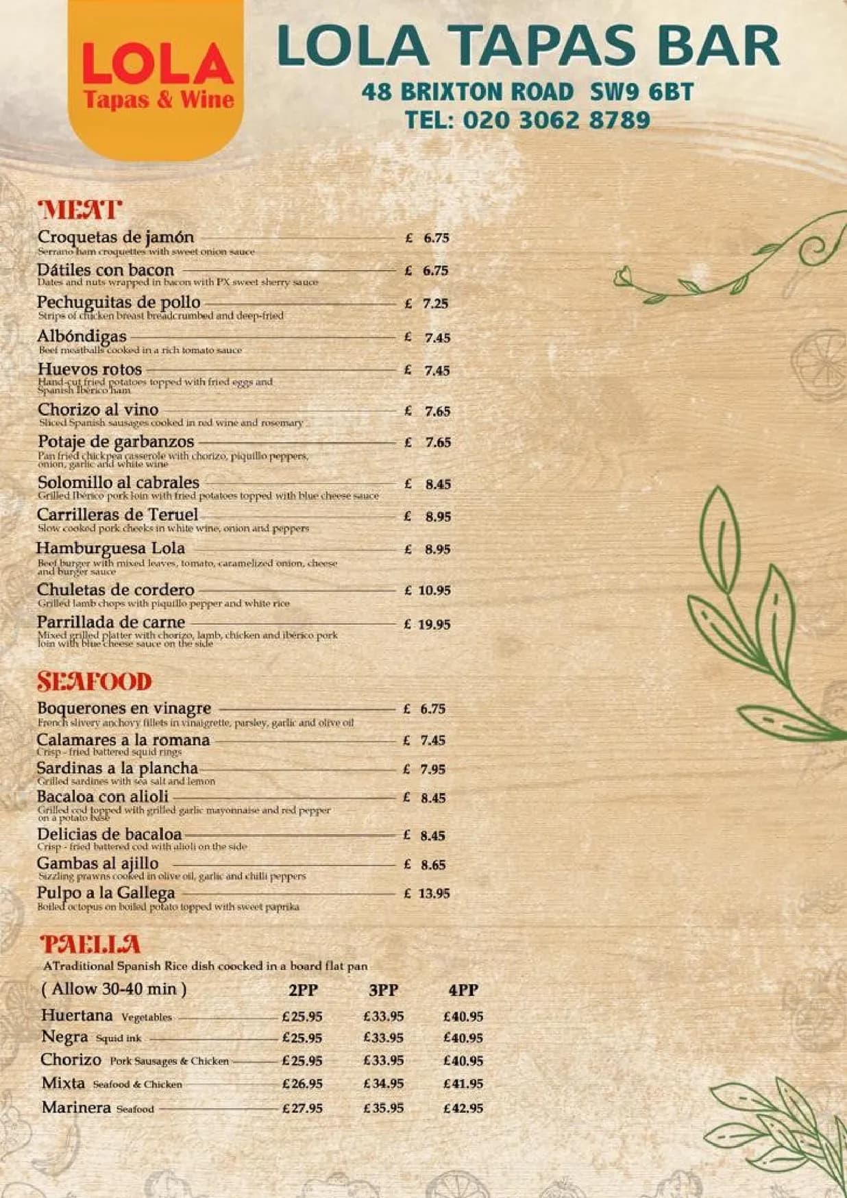 LOLA Tapas & Wine menu, page 1