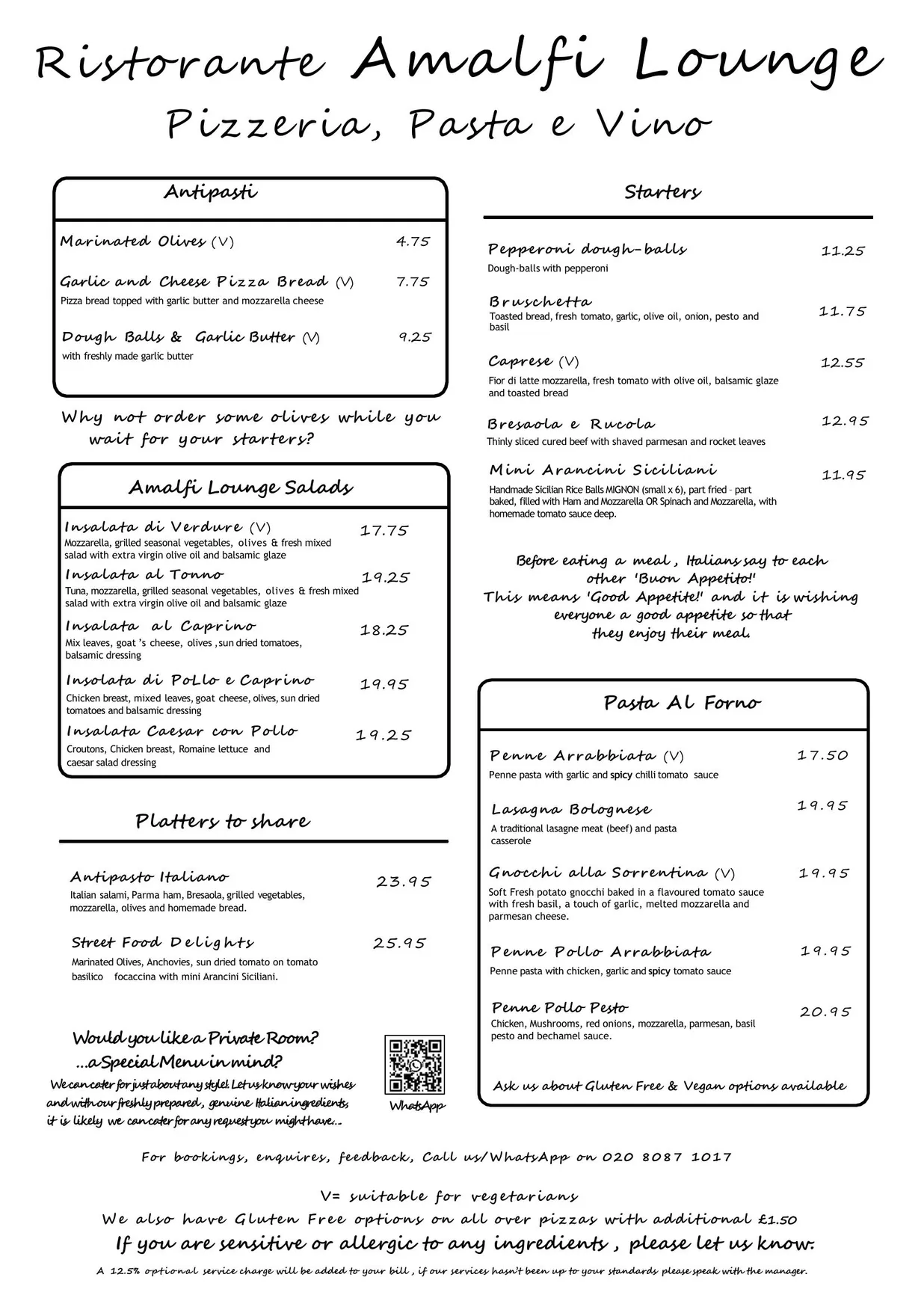 Amalfi Lounge Covent Garden menu, page 1
