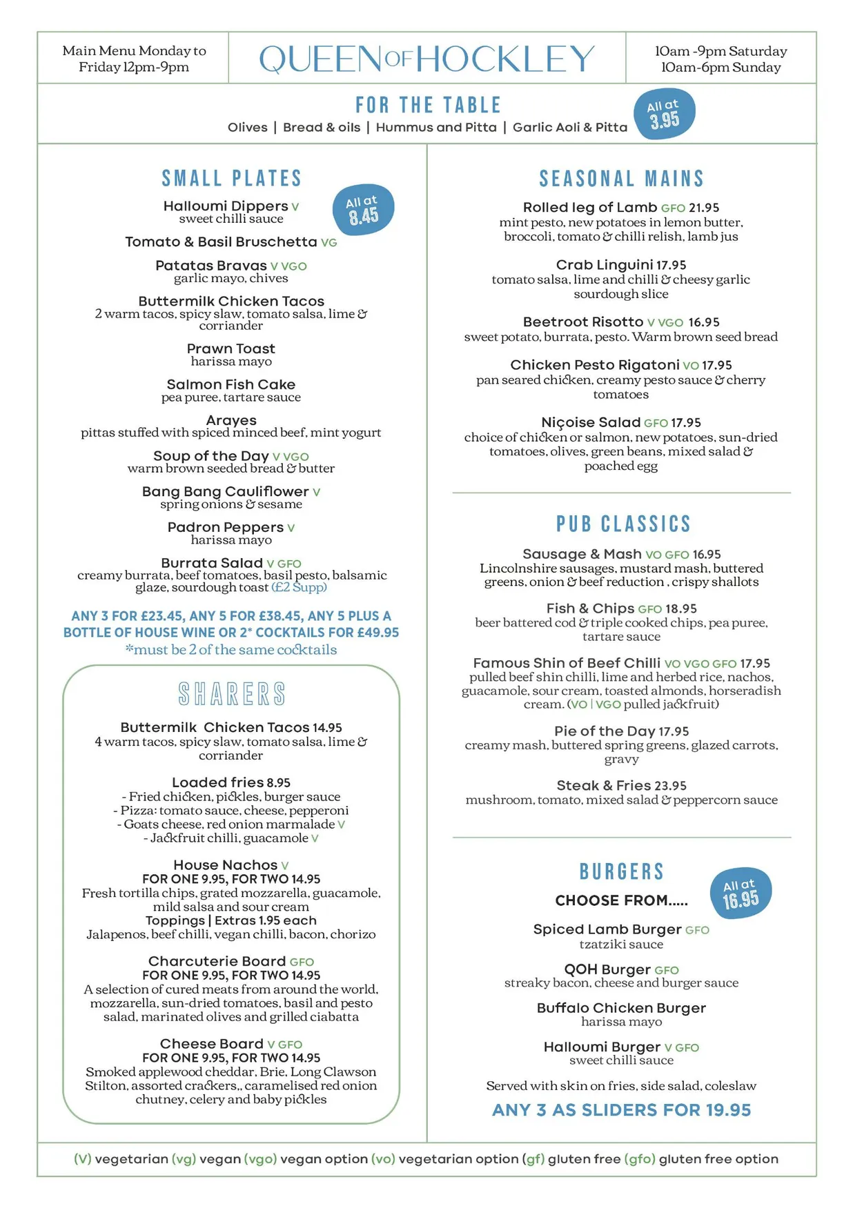 Queen of Hockley menu, page 1
