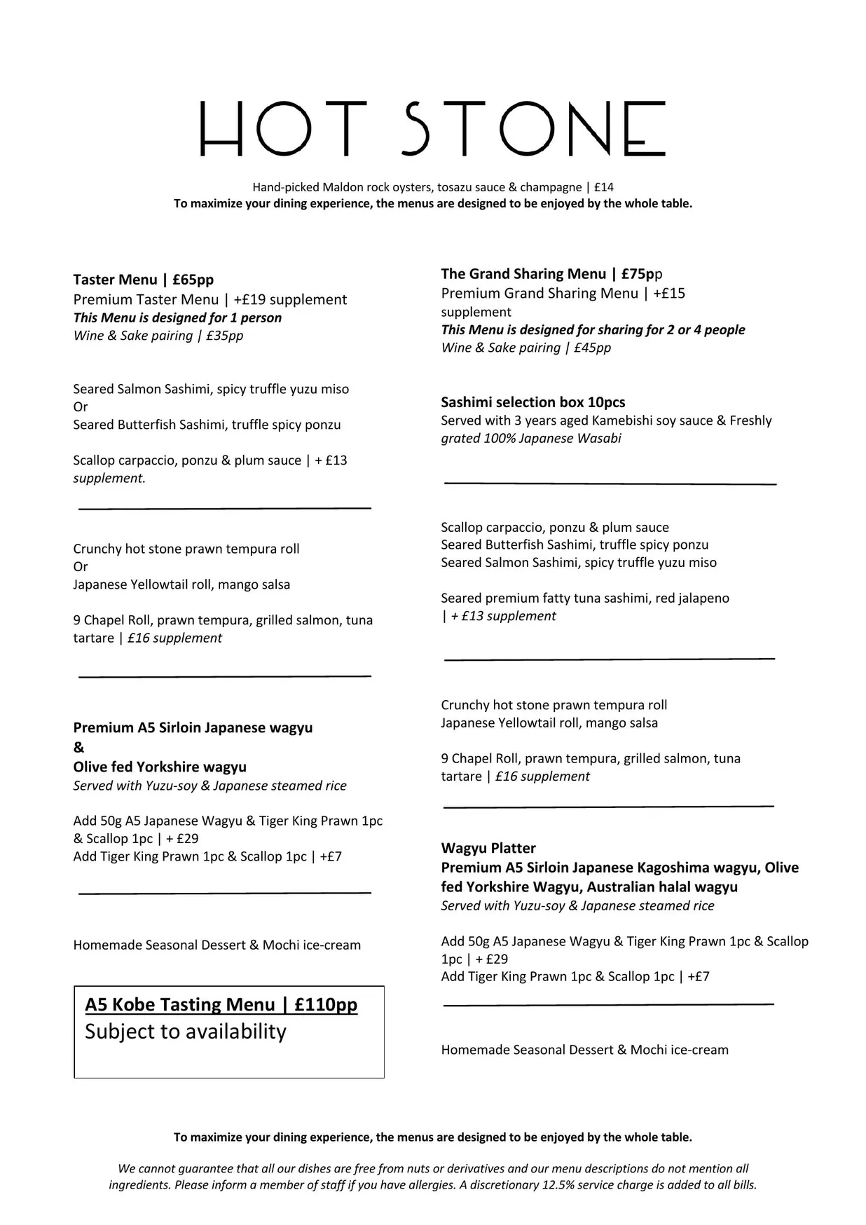 Hot Stone menu, page 1