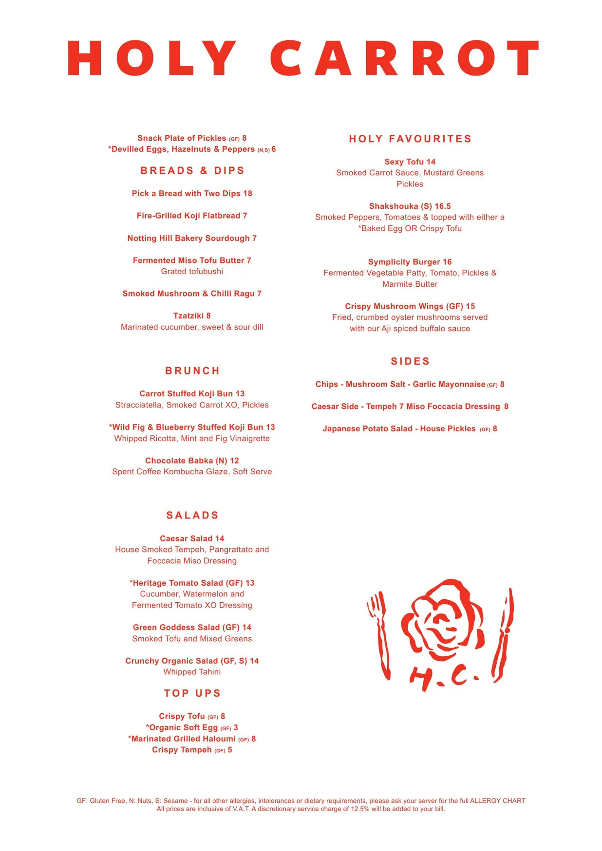 Holy Carrot menu, page 2